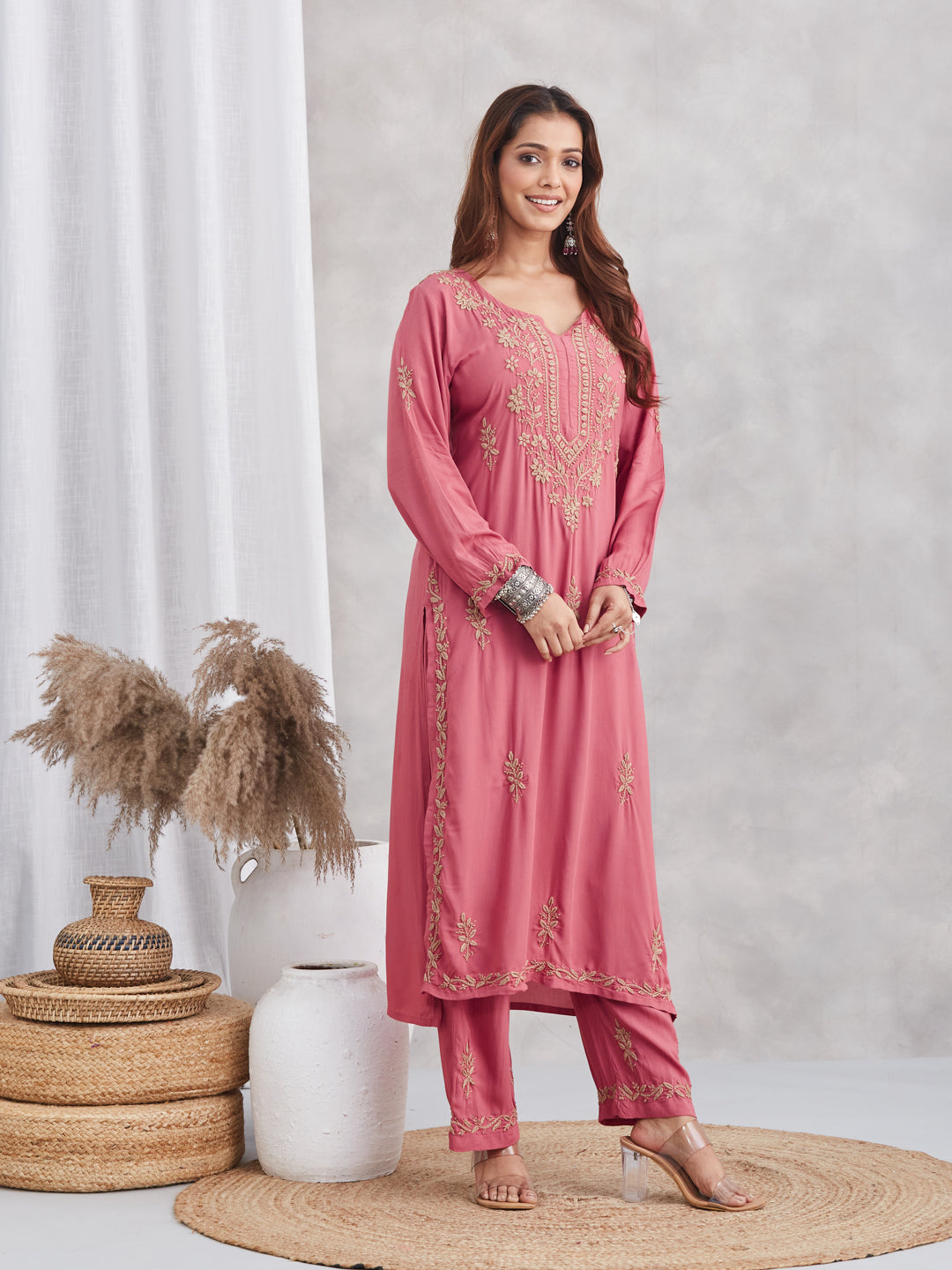 Modal Chikankari Gold embroidered Kurta Set - Rust