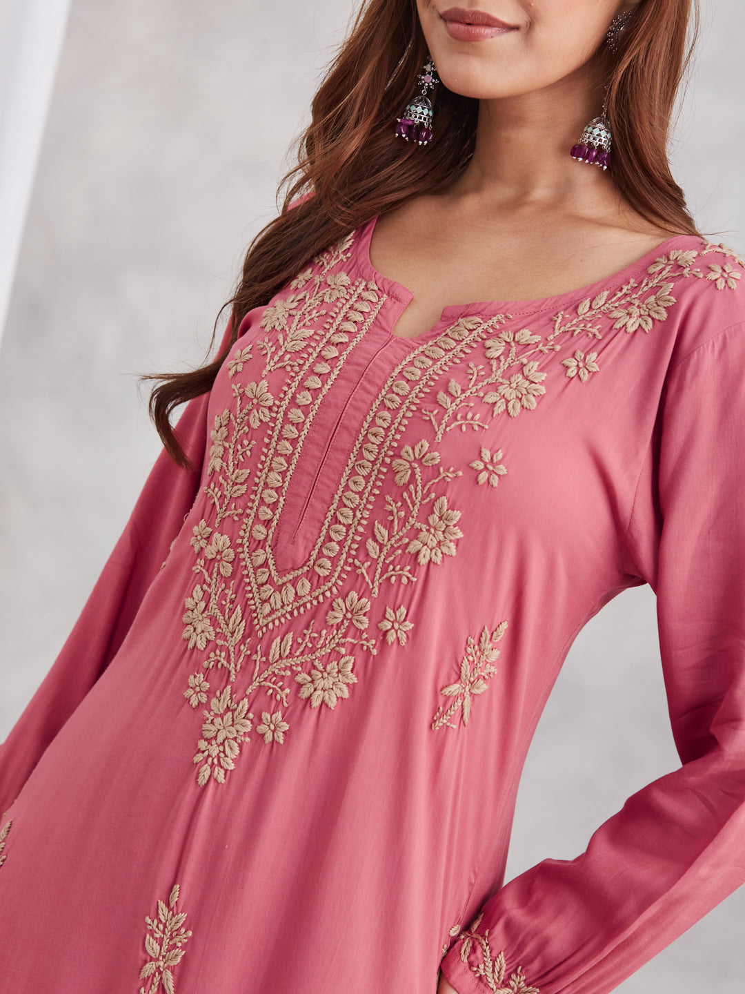 Modal Chikankari Gold embroidered Kurta Set - Rust