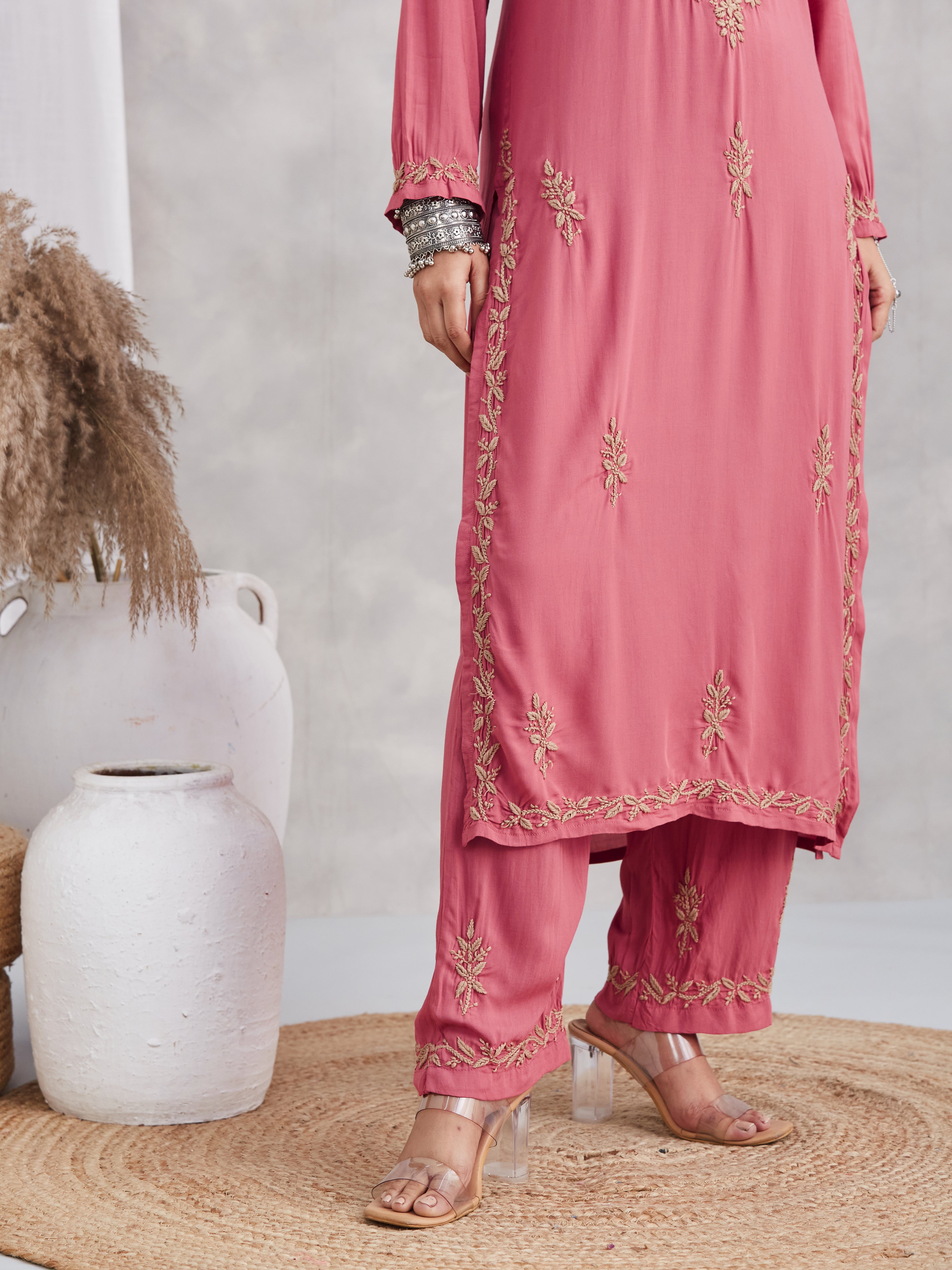 Modal Chikankari Gold embroidered Kurta Set - Rust