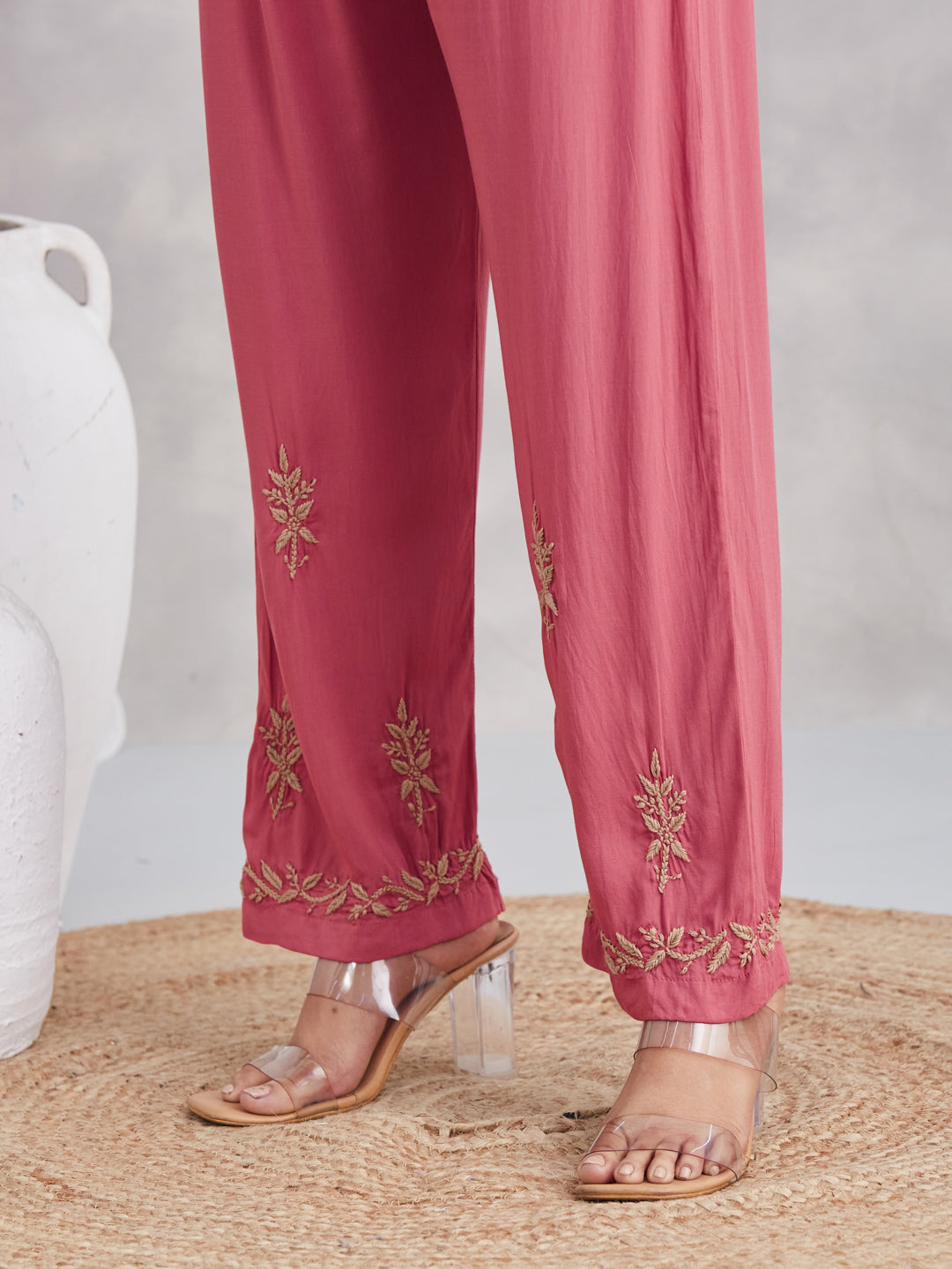 Modal Chikankari Gold embroidered Kurta Set - Rust