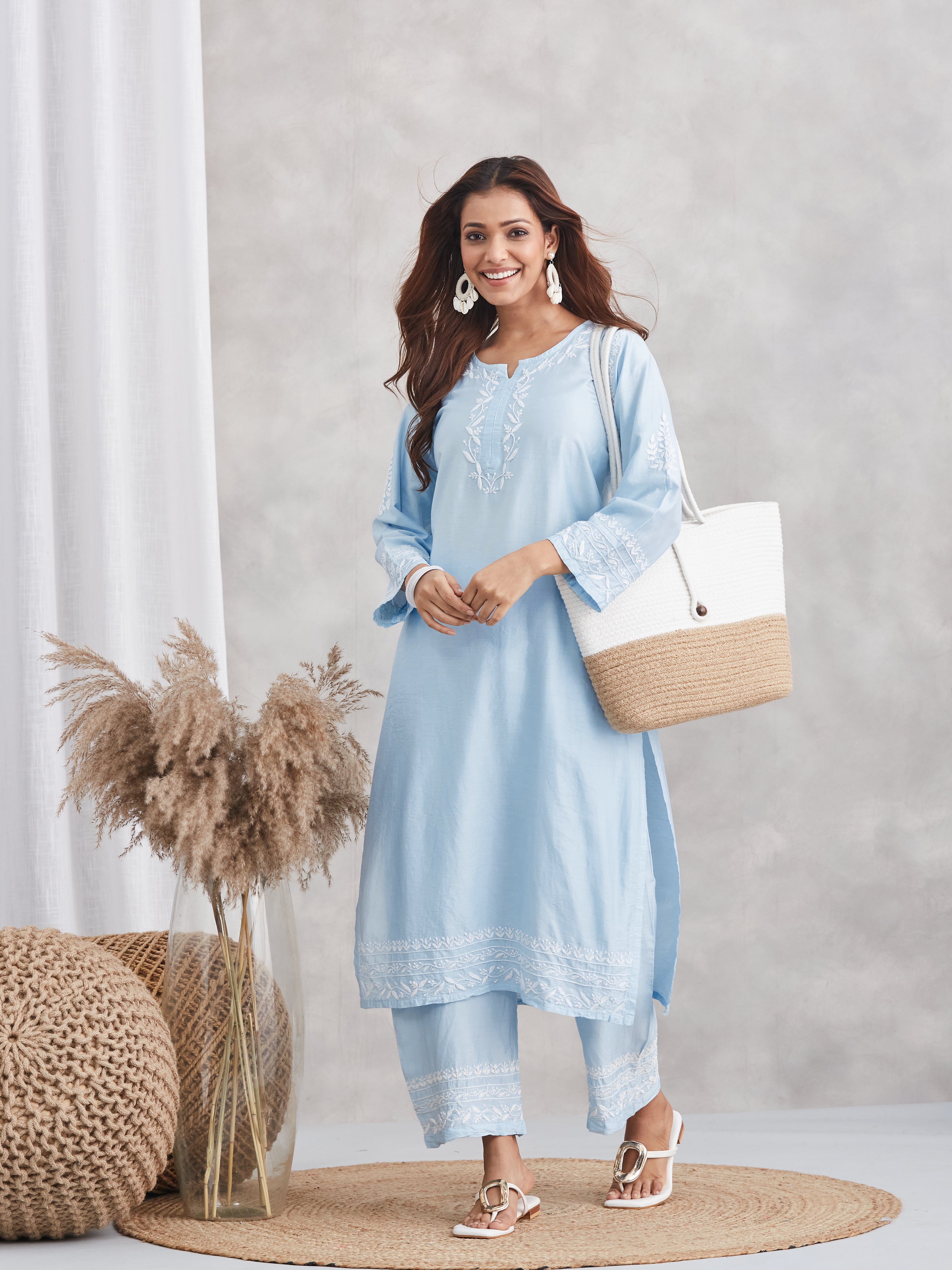 Chanderi Chikankari Kurta Set - Powder Blue