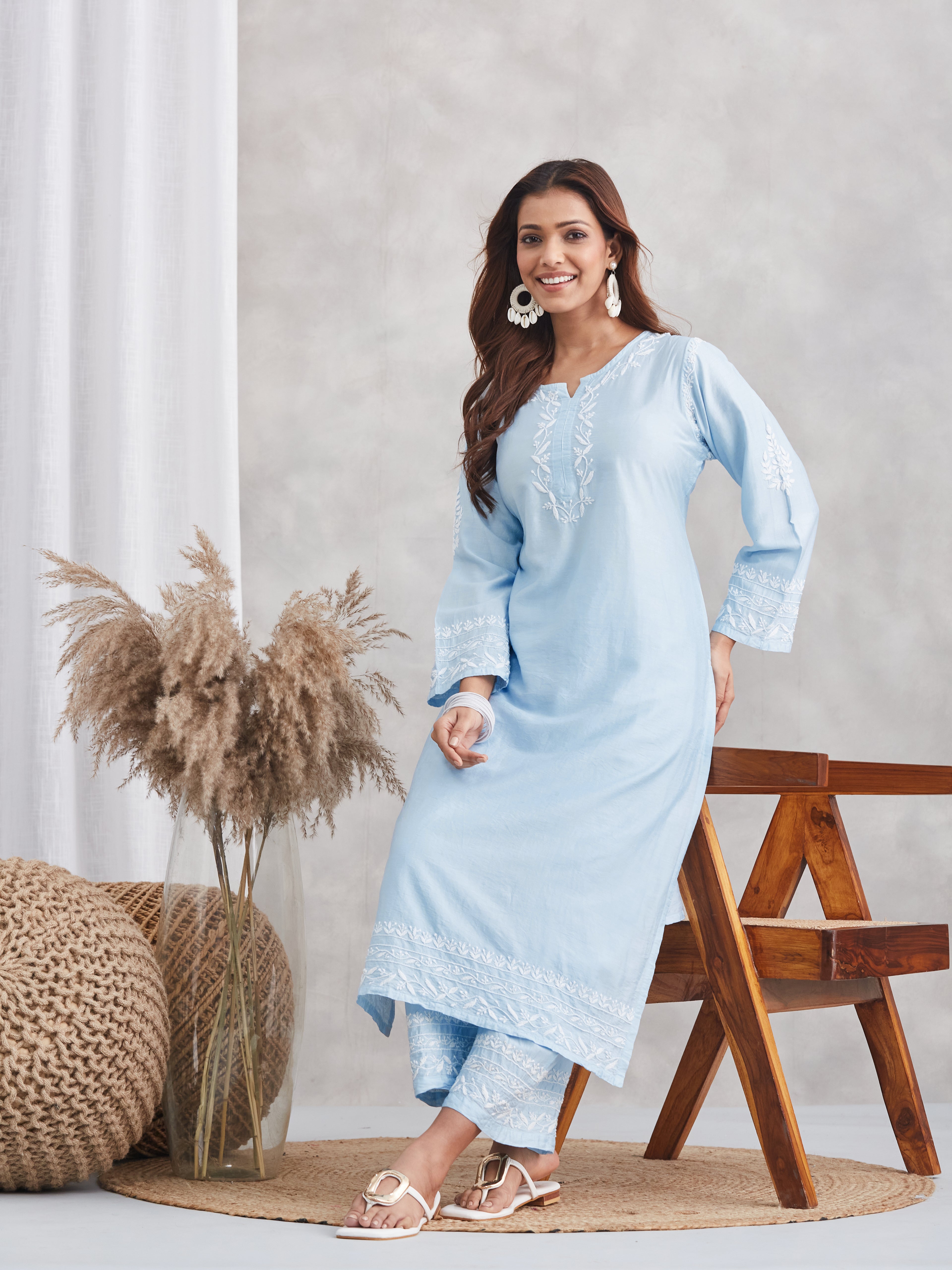 Chanderi Chikankari Kurta Set - Powder Blue