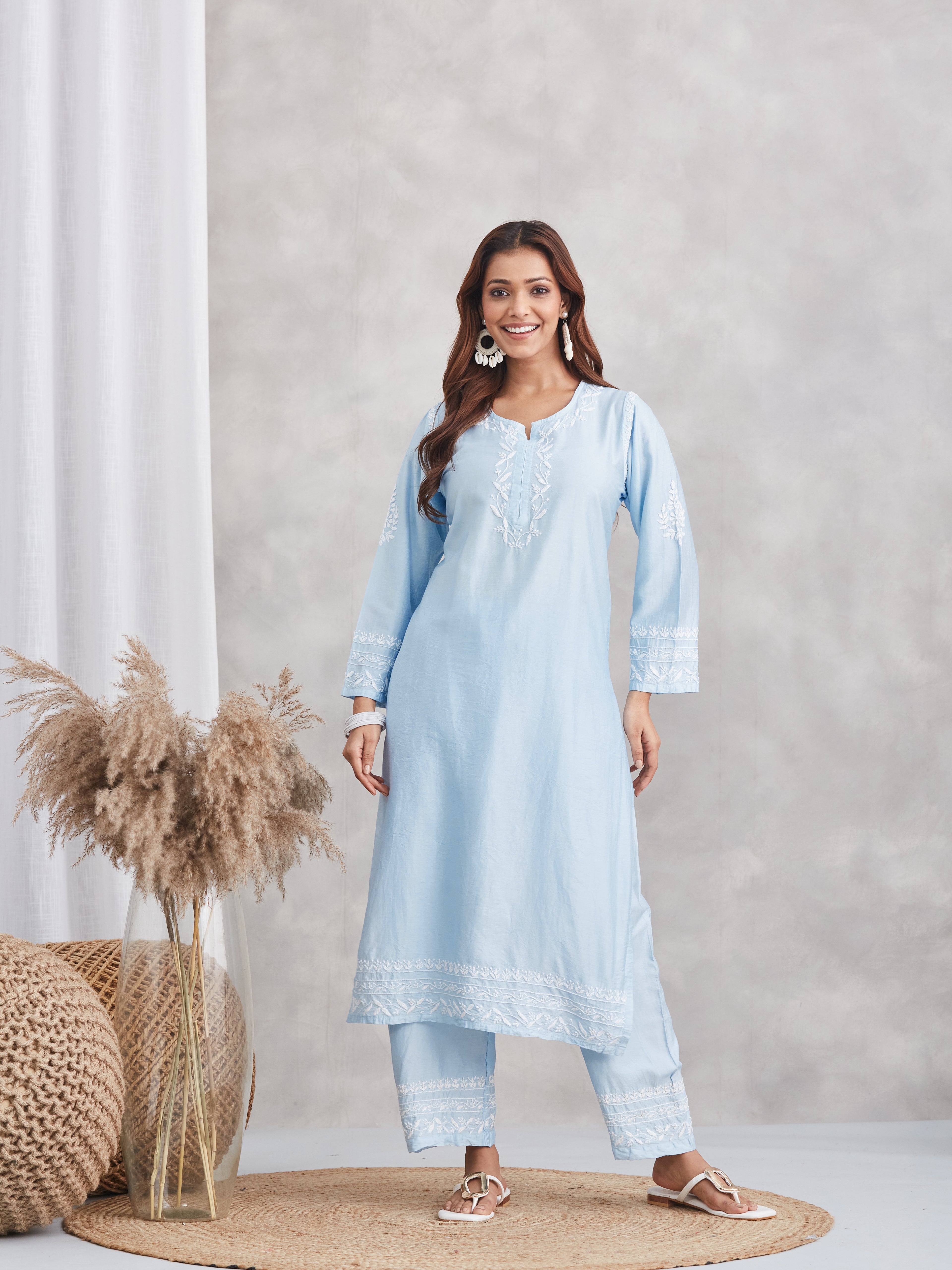 Chanderi Chikankari Kurta Set - Powder Blue