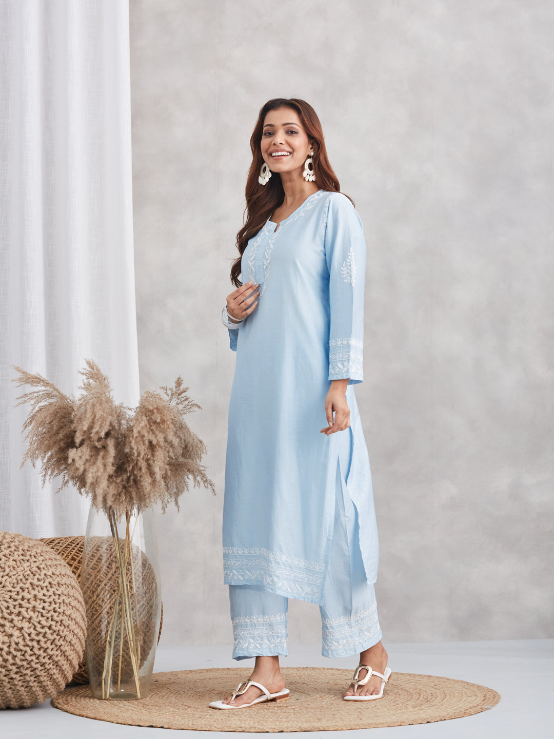 Chanderi Chikankari Kurta Set - Powder Blue