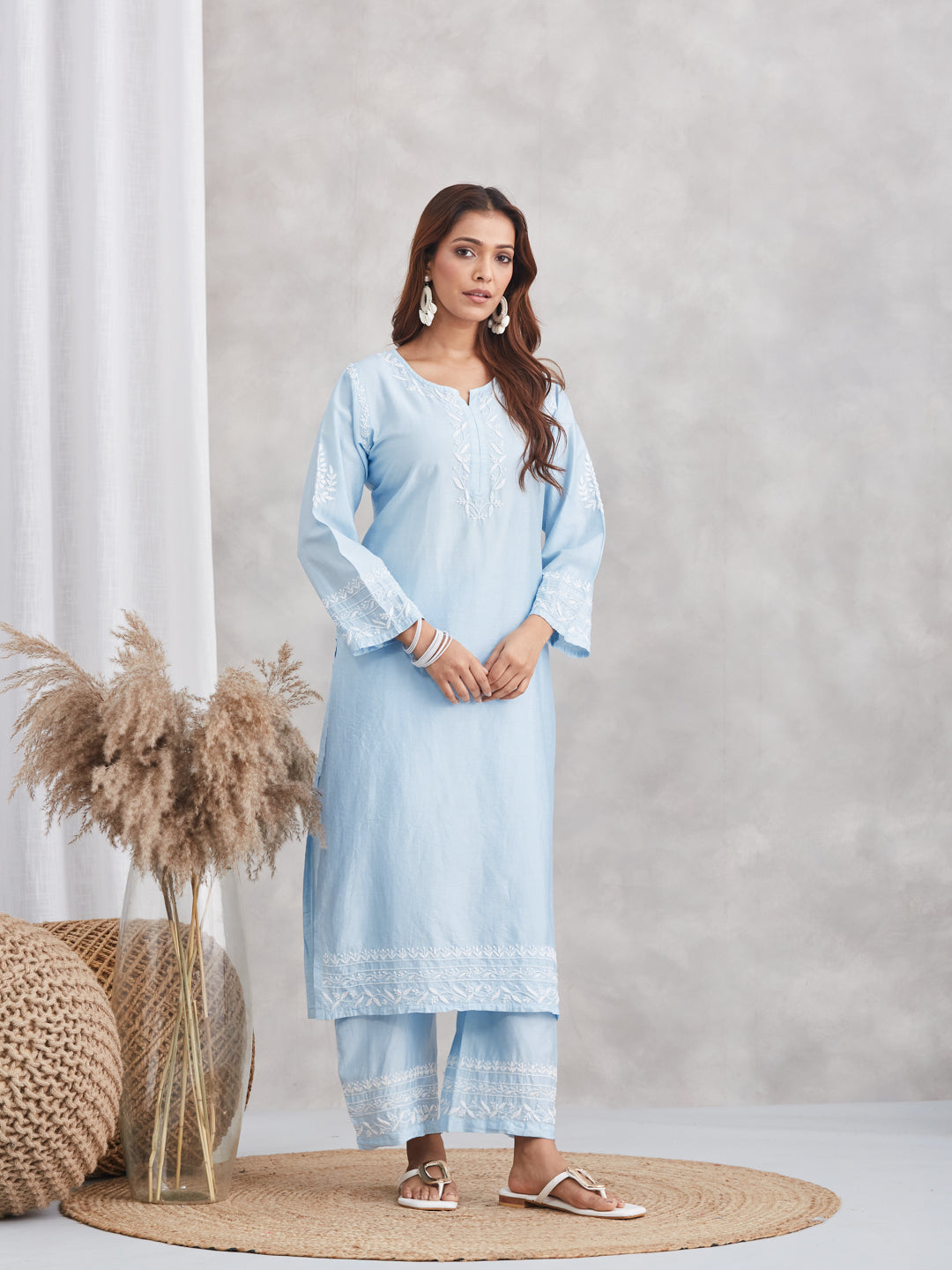 Chanderi Chikankari Kurta Set - Powder Blue