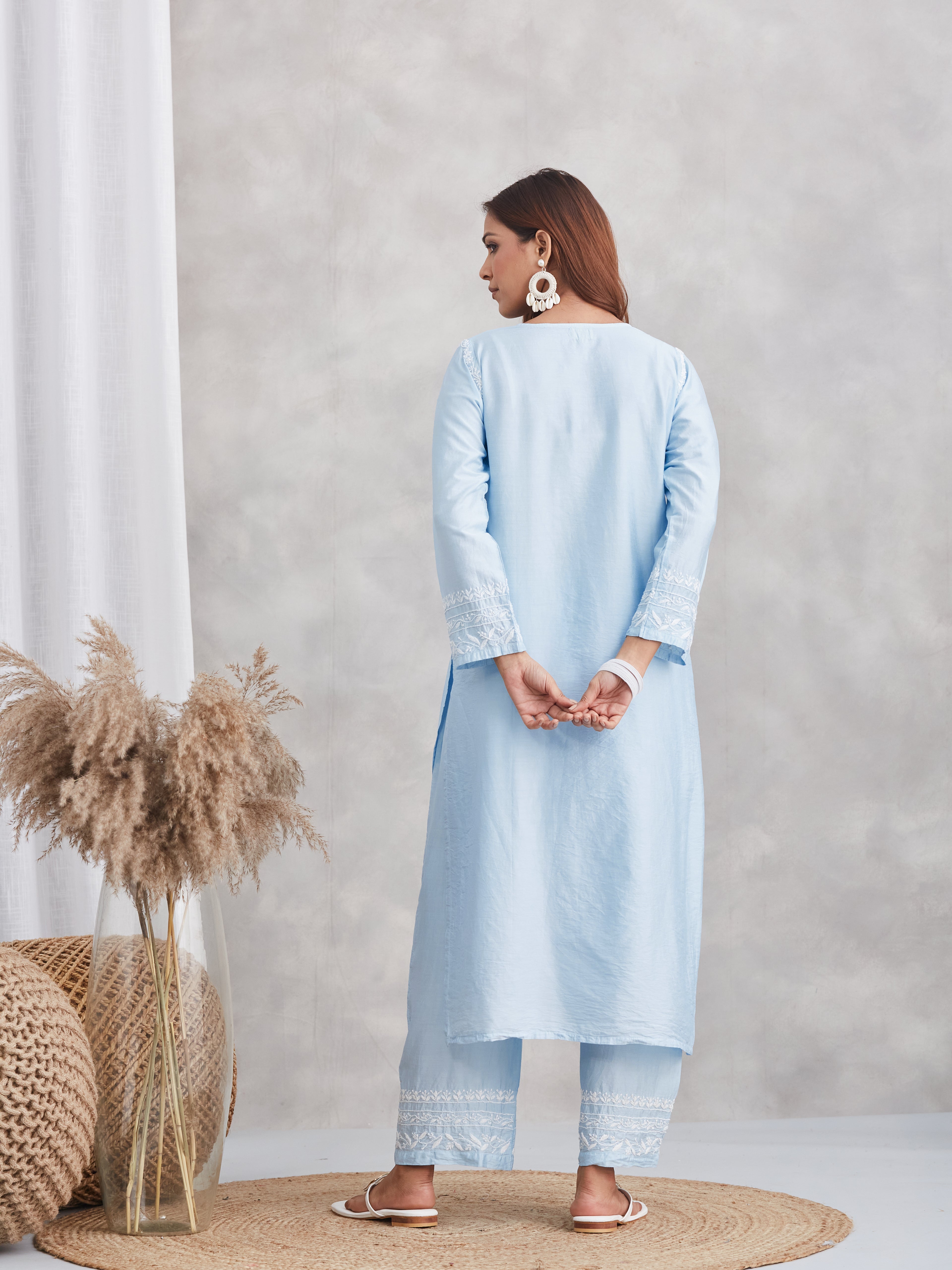 Chanderi Chikankari Kurta Set - Powder Blue