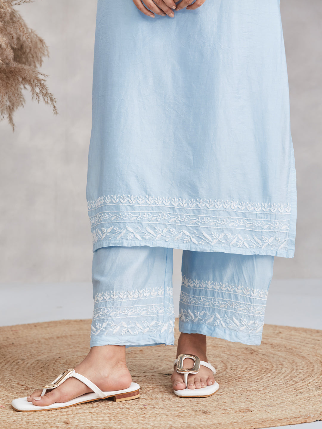 Chanderi Chikankari Kurta Set - Powder Blue