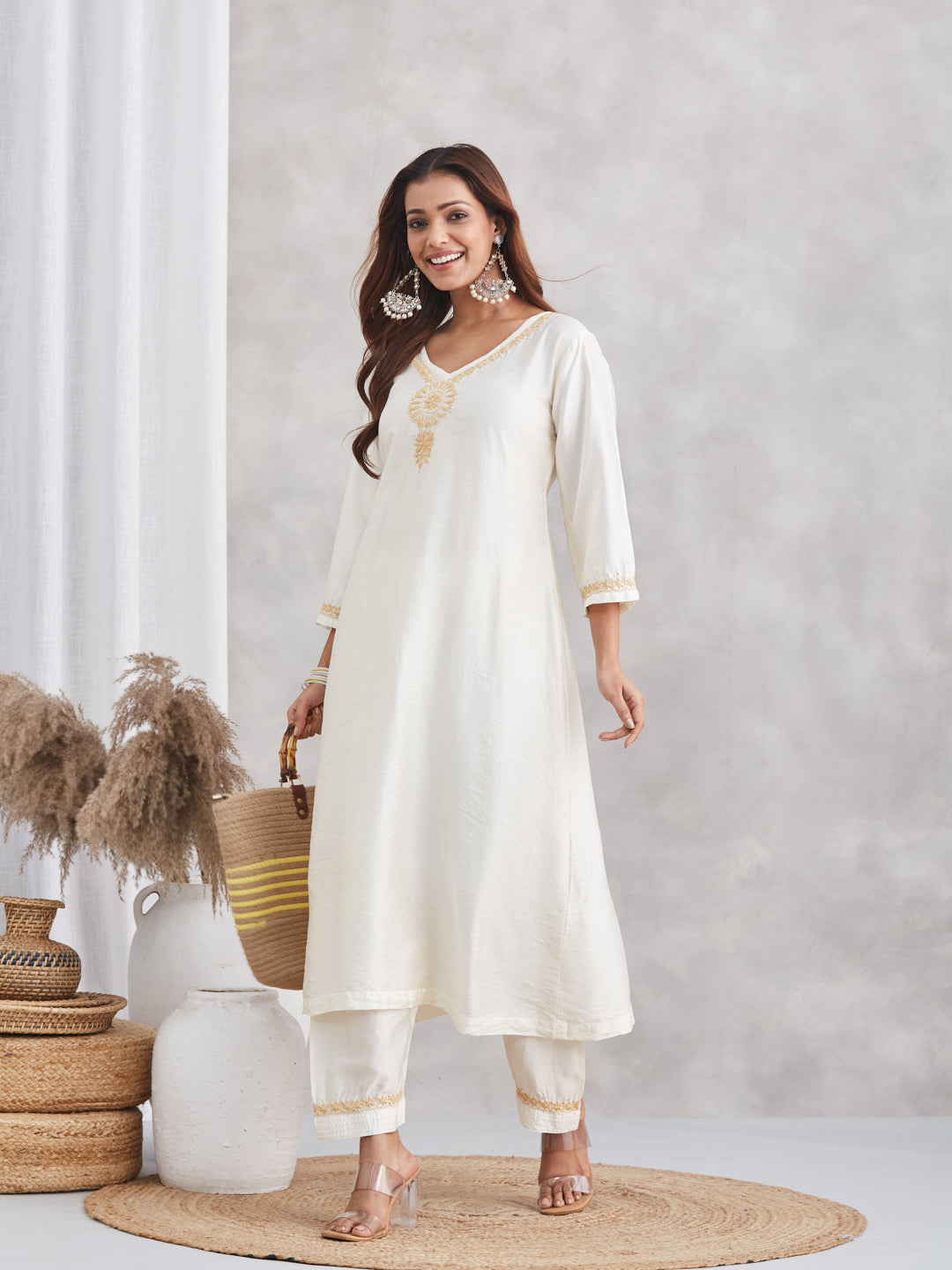 Chanderi Chikankari Kurta Set with Mukaish - Ivory