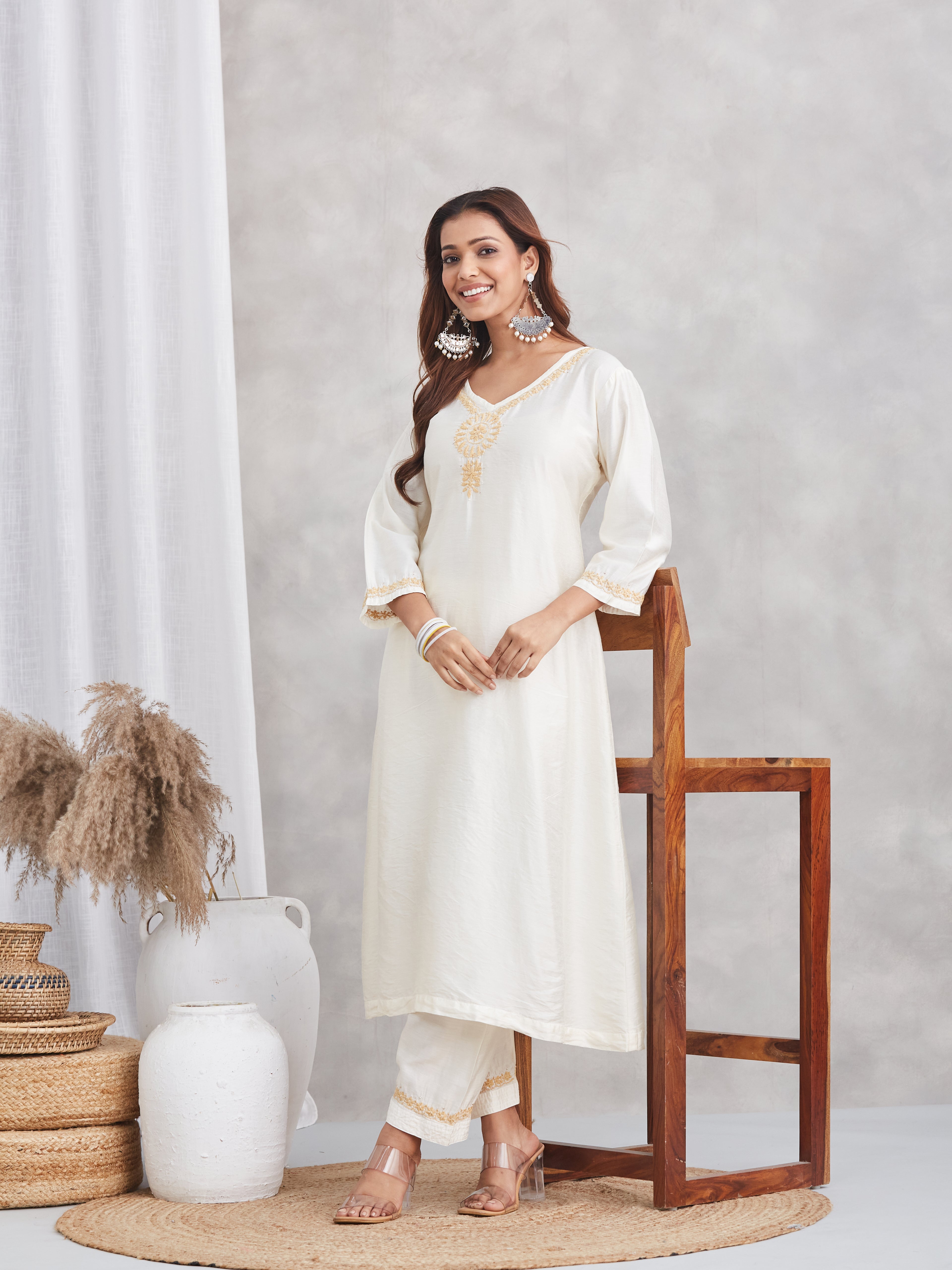 Chanderi Chikankari Kurta Set with Mukaish - Ivory