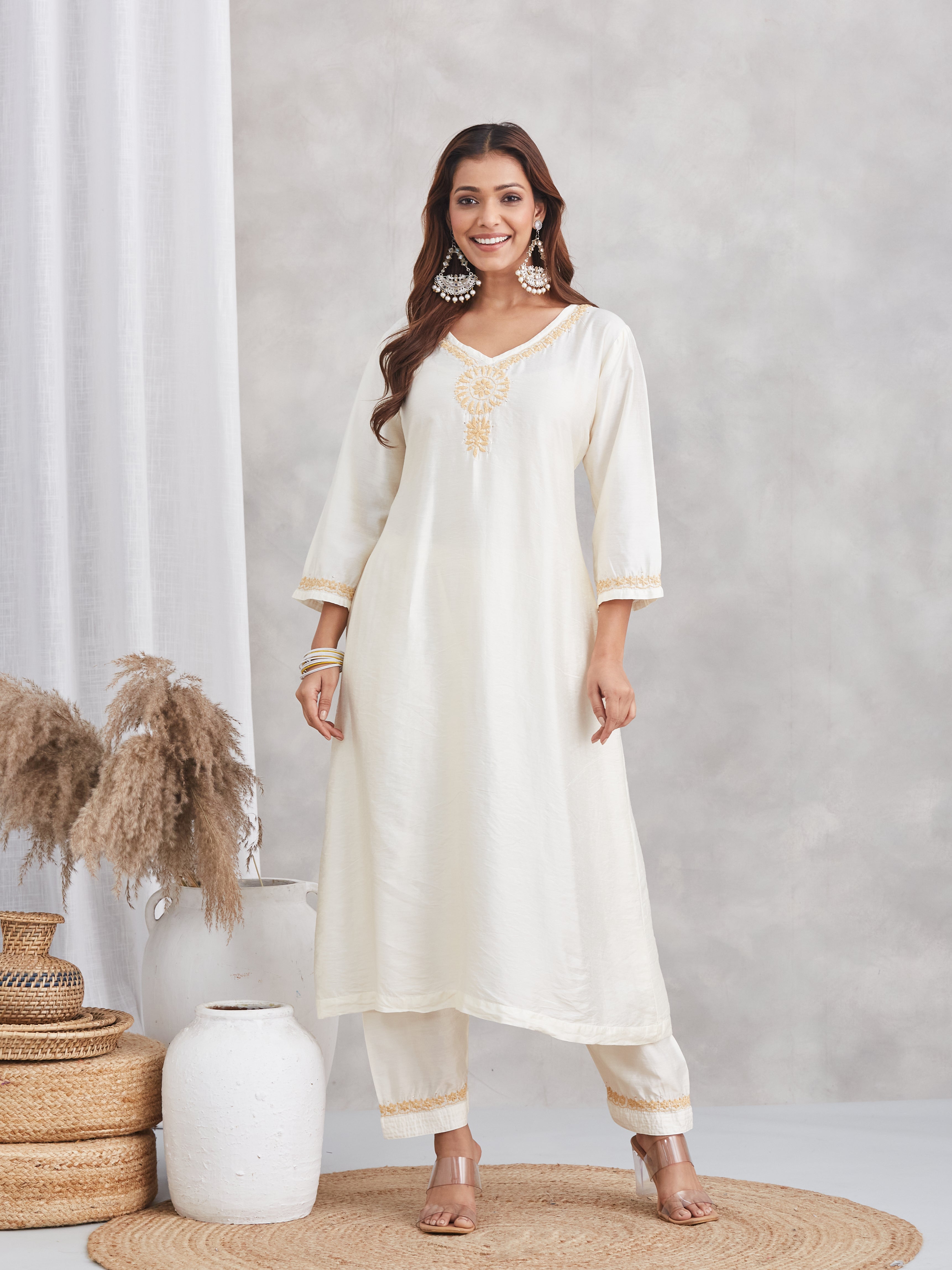 Chanderi Chikankari Kurta Set with Mukaish - Ivory