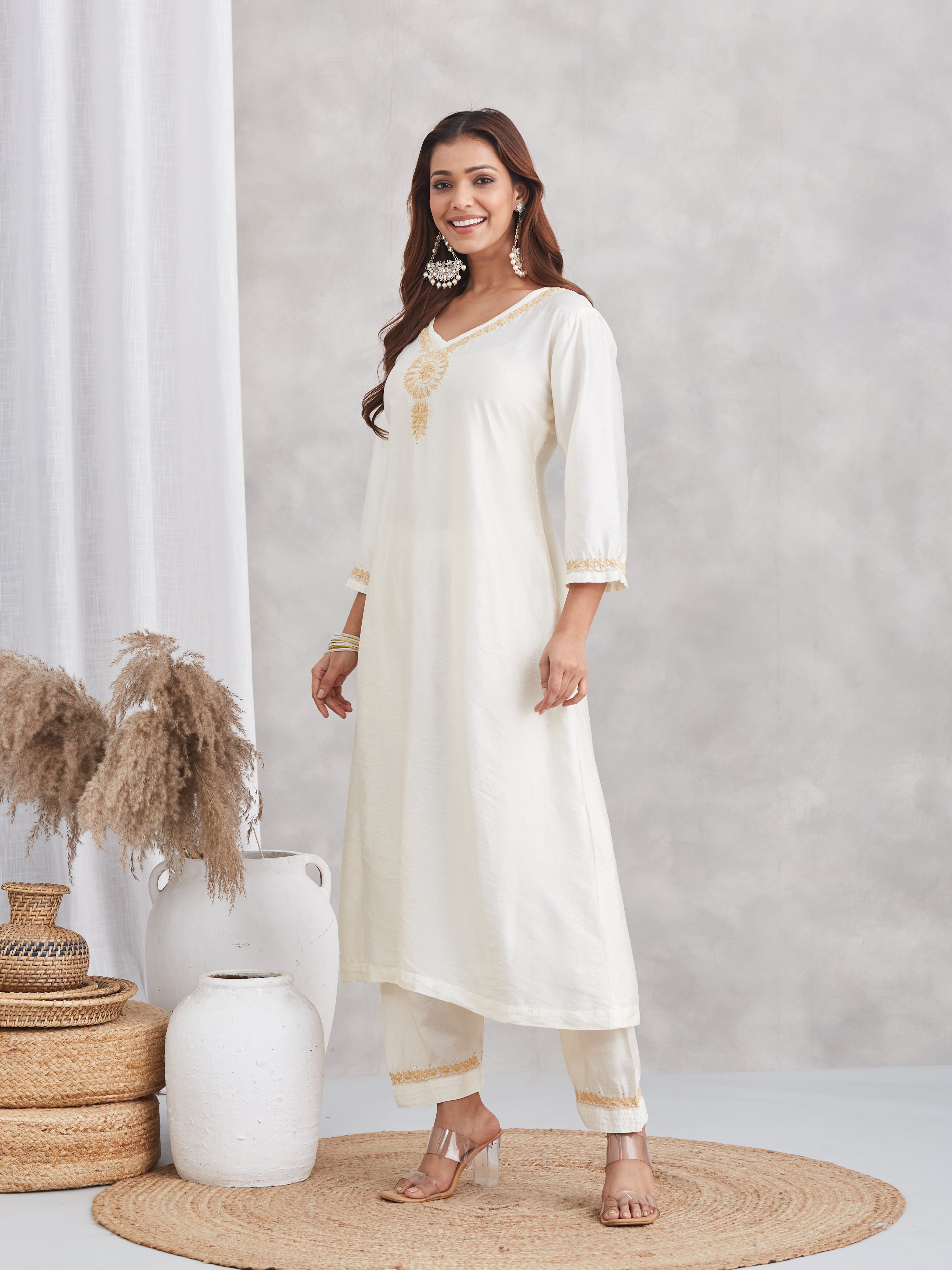 Chanderi Chikankari Kurta Set with Mukaish - Ivory