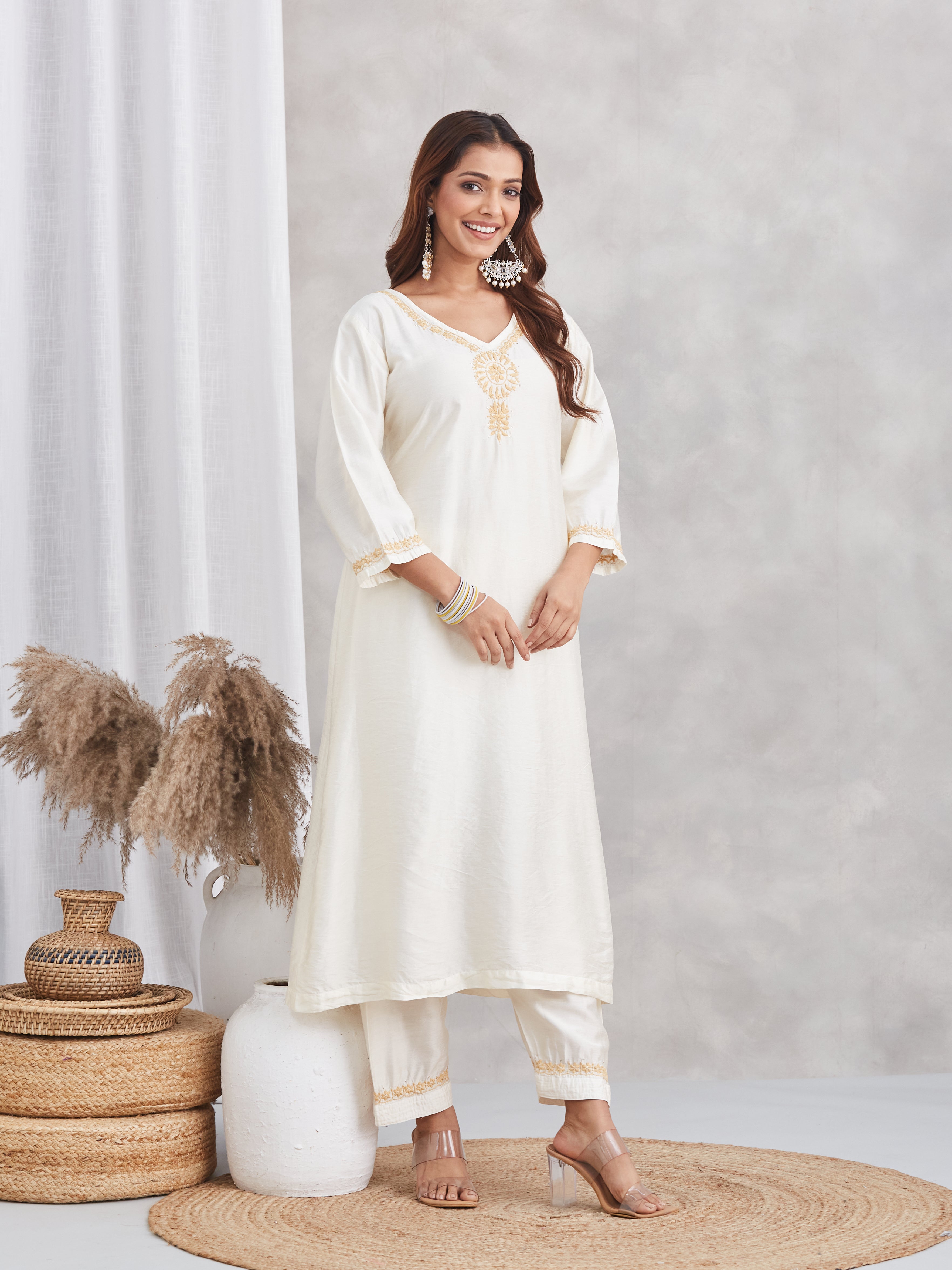 Chanderi Chikankari Kurta Set with Mukaish - Ivory
