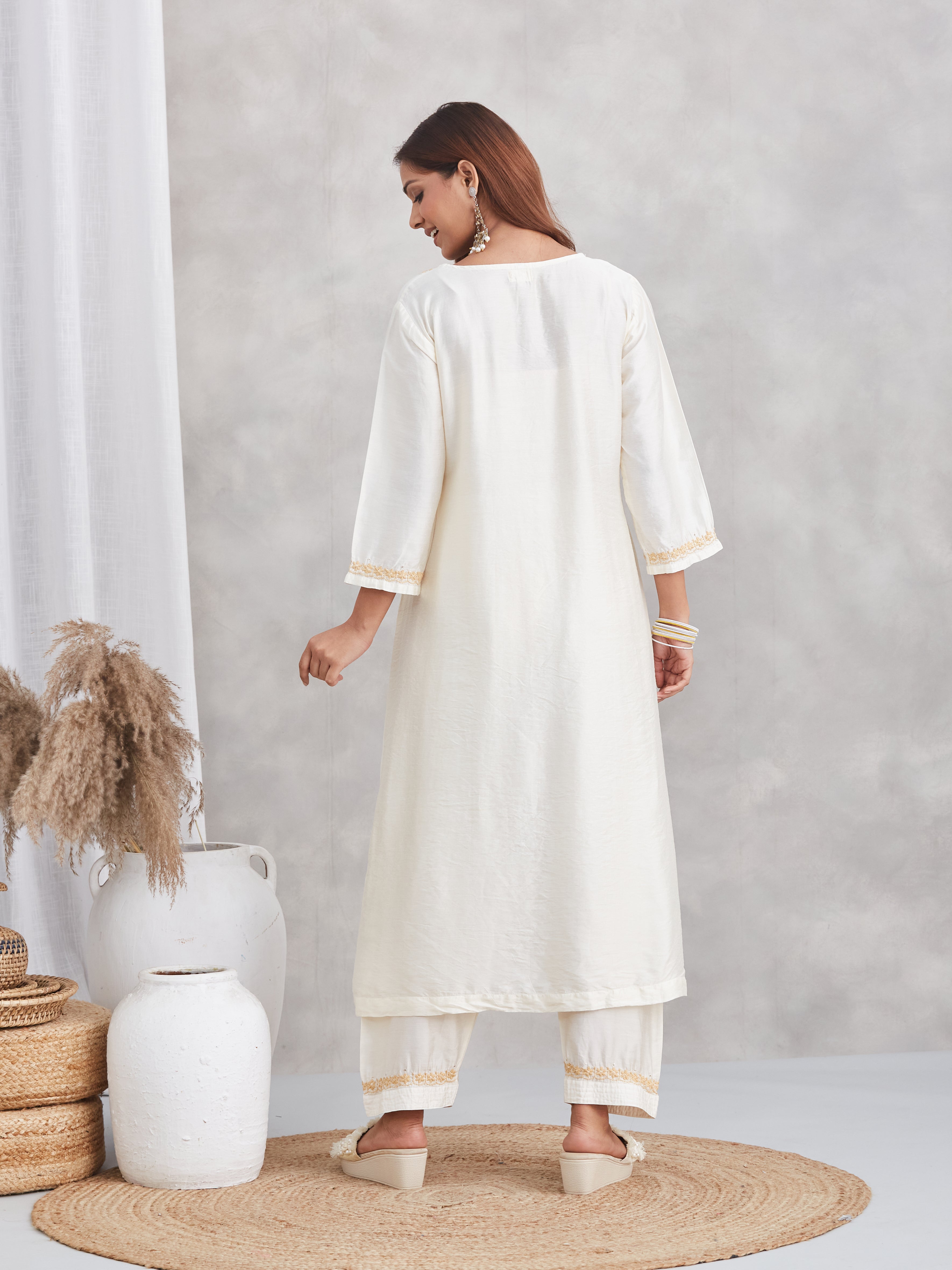 Chanderi Chikankari Kurta Set with Mukaish - Ivory