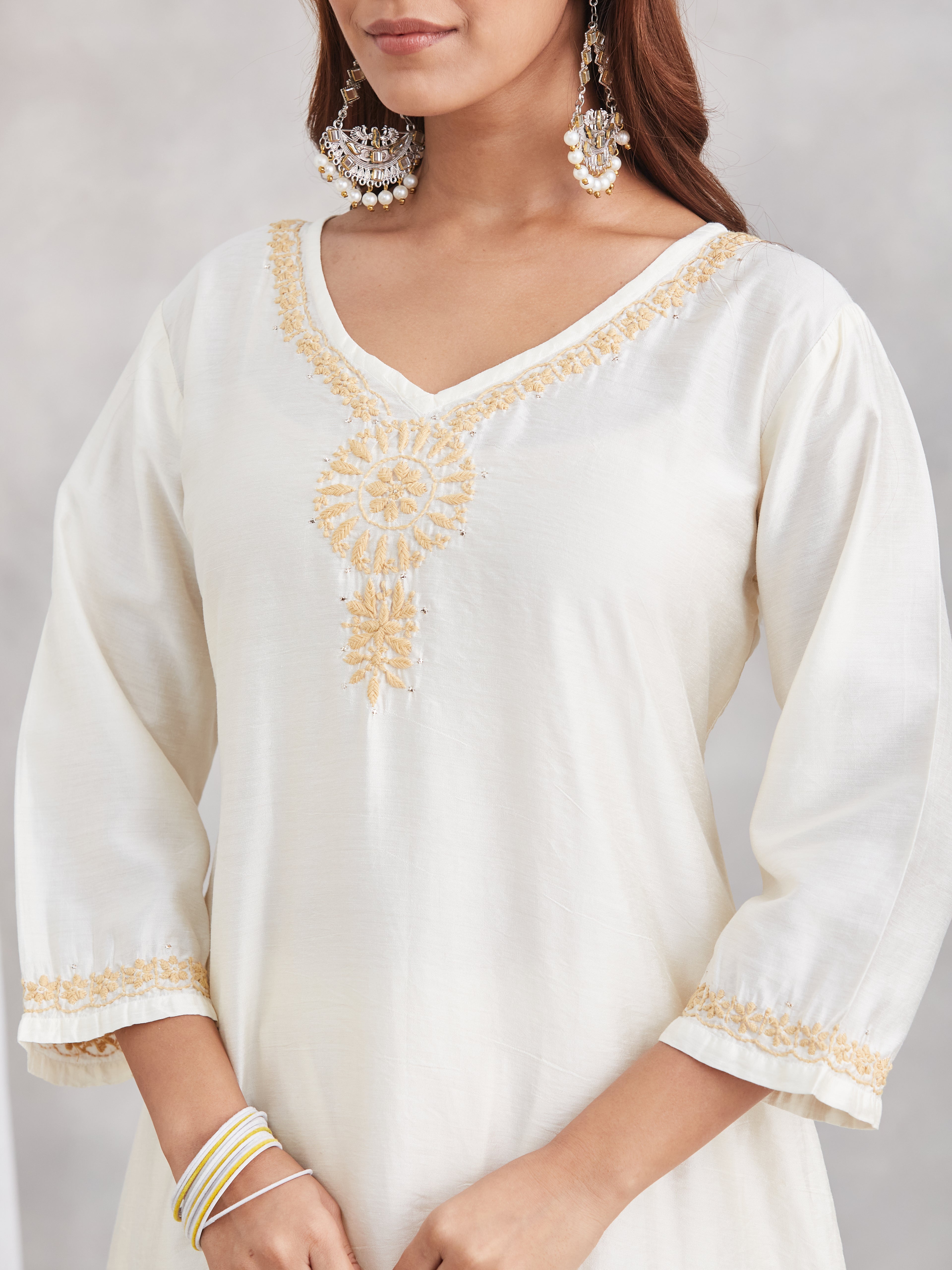 Chanderi Chikankari Kurta Set with Mukaish - Ivory
