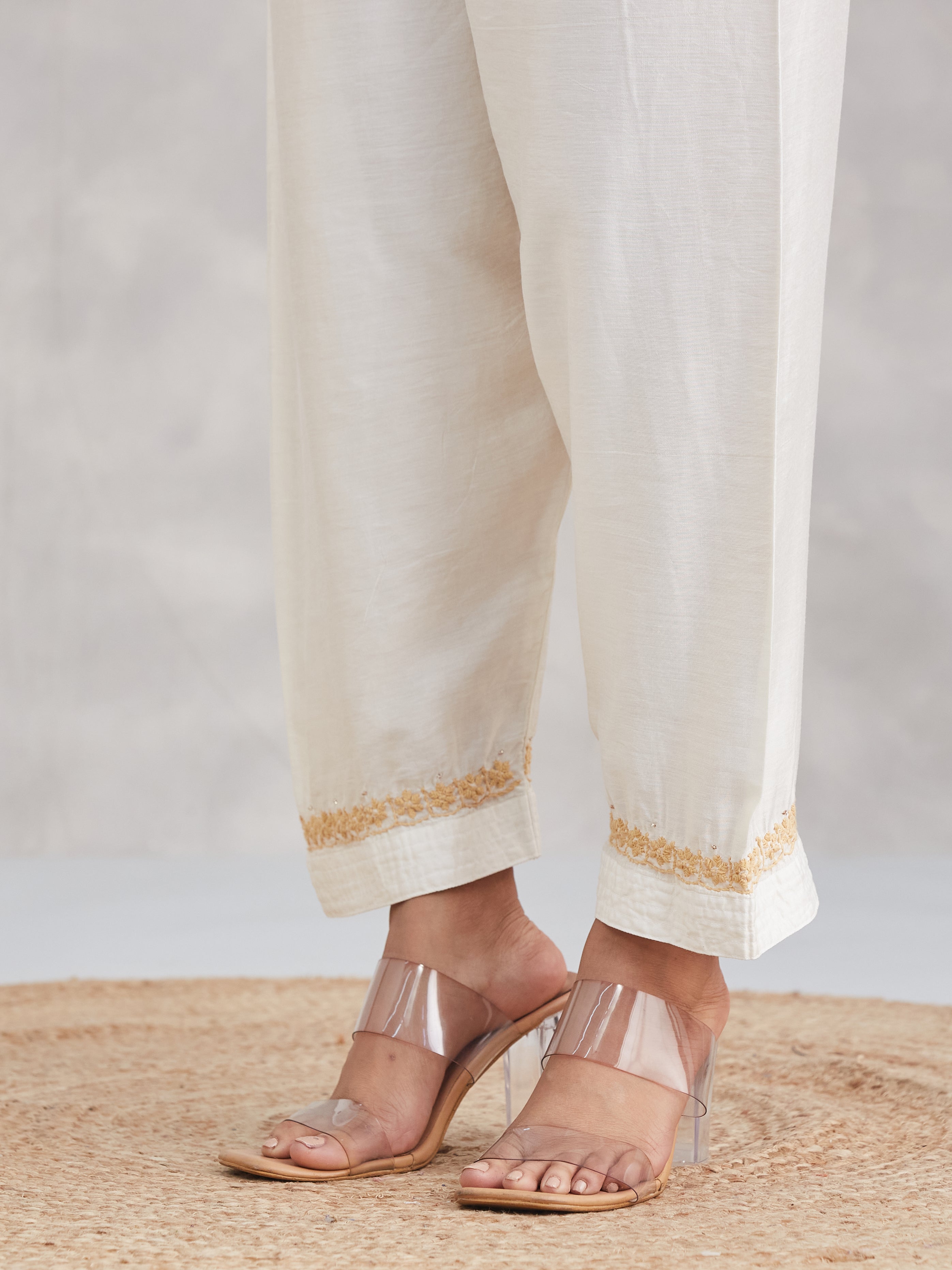 Chanderi Chikankari Kurta Set with Mukaish - Ivory