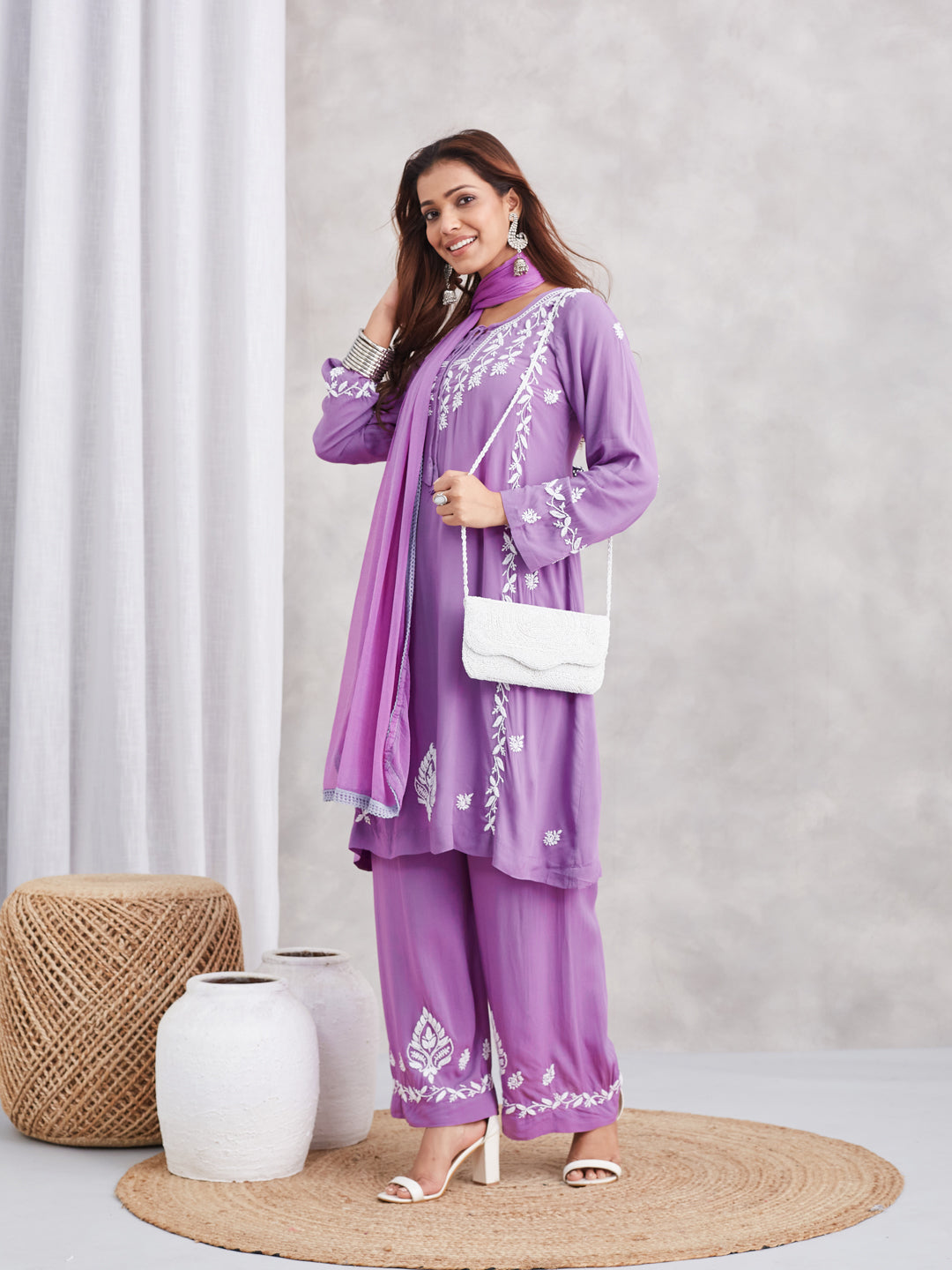 Soft Modal Chikankari Three-Piece Kurta Set - Mauve