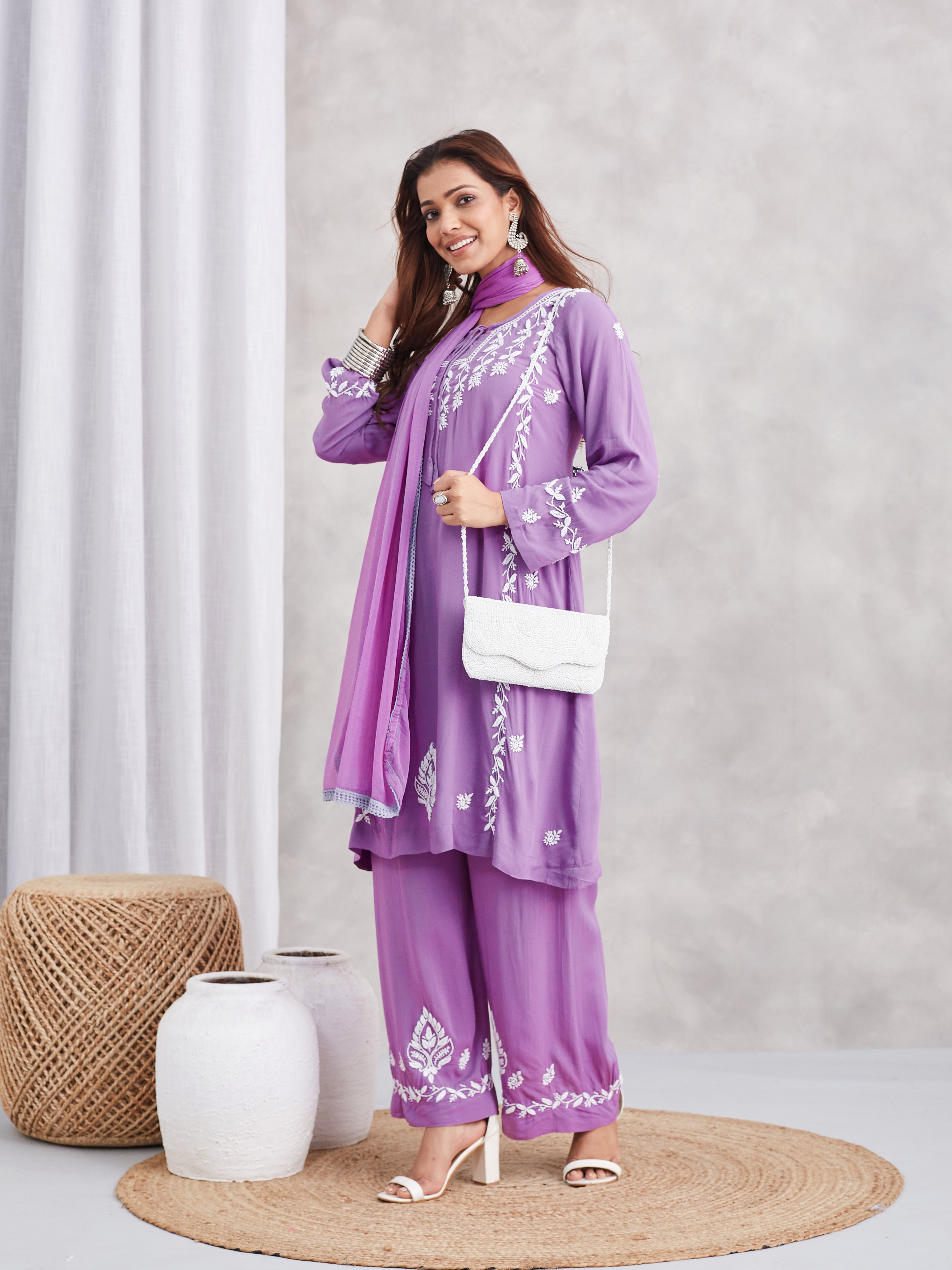 Soft Modal Chikankari Kurta Set with dupatta - Mauve