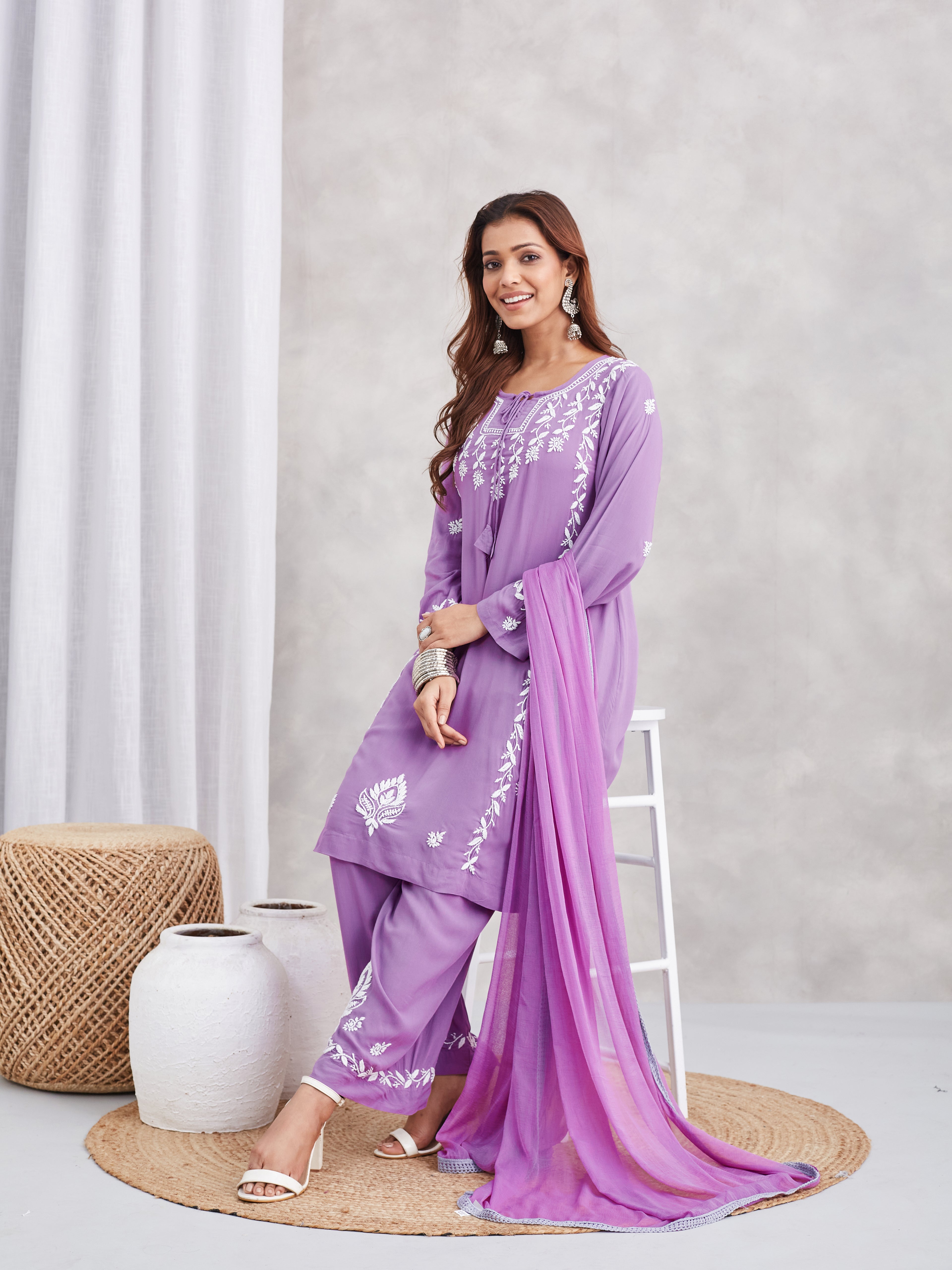Soft Modal Chikankari Kurta Set with dupatta - Mauve