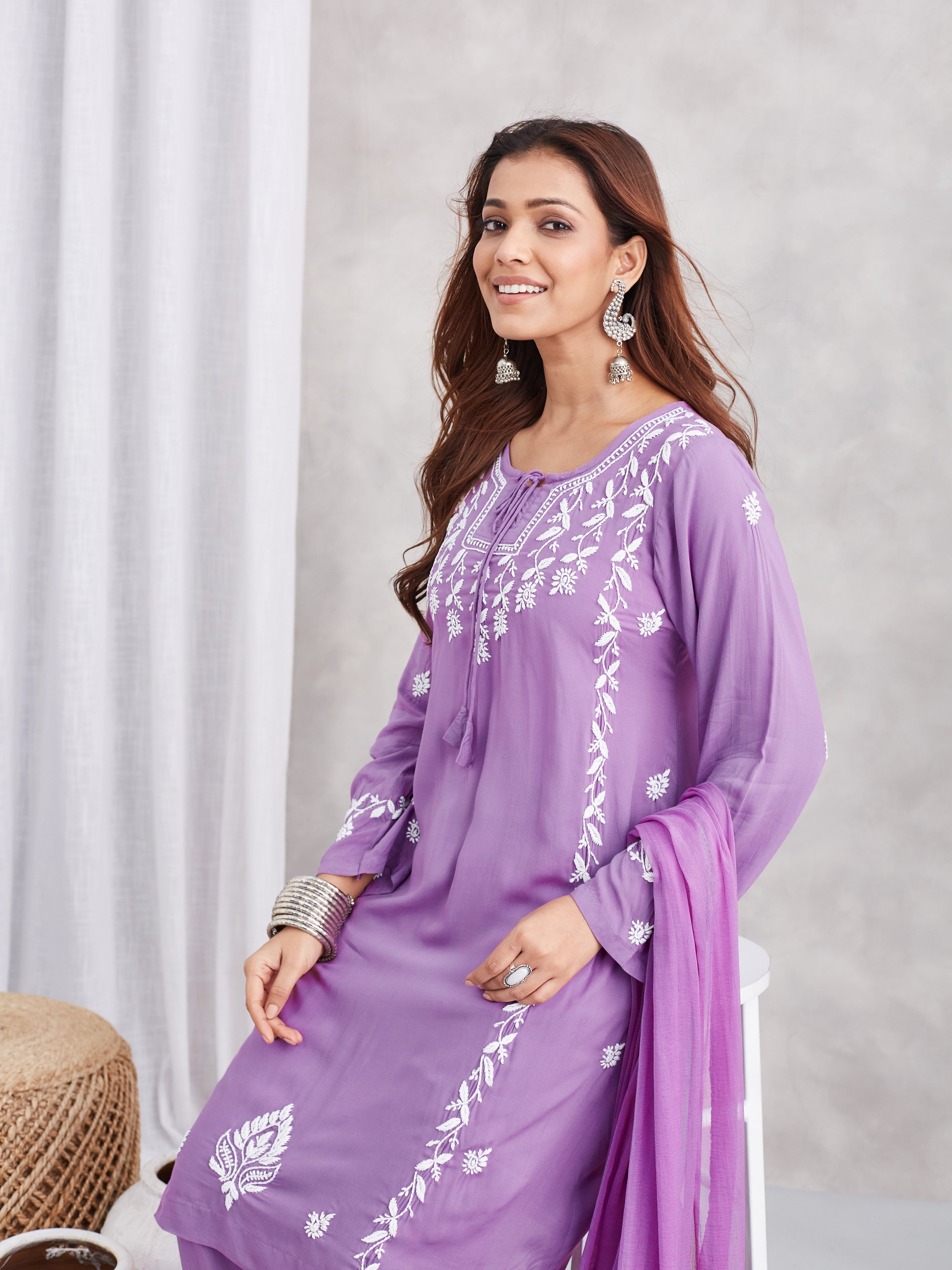 Soft Modal Chikankari Kurta Set with dupatta - Mauve