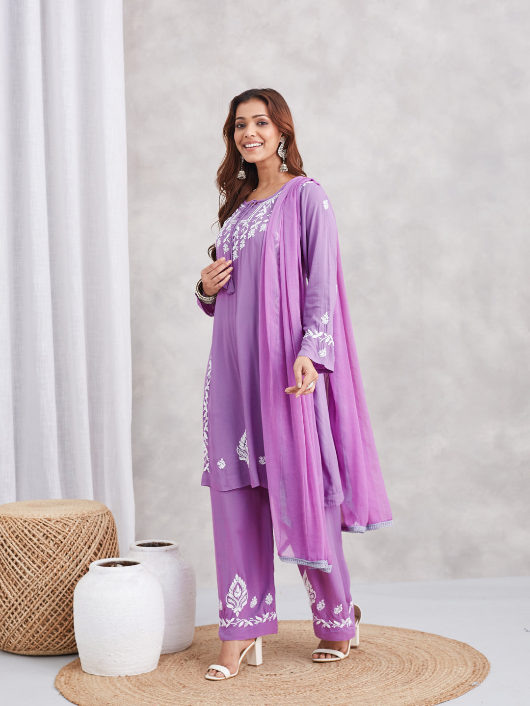 Soft Modal Chikankari Three-Piece Kurta Set - Mauve