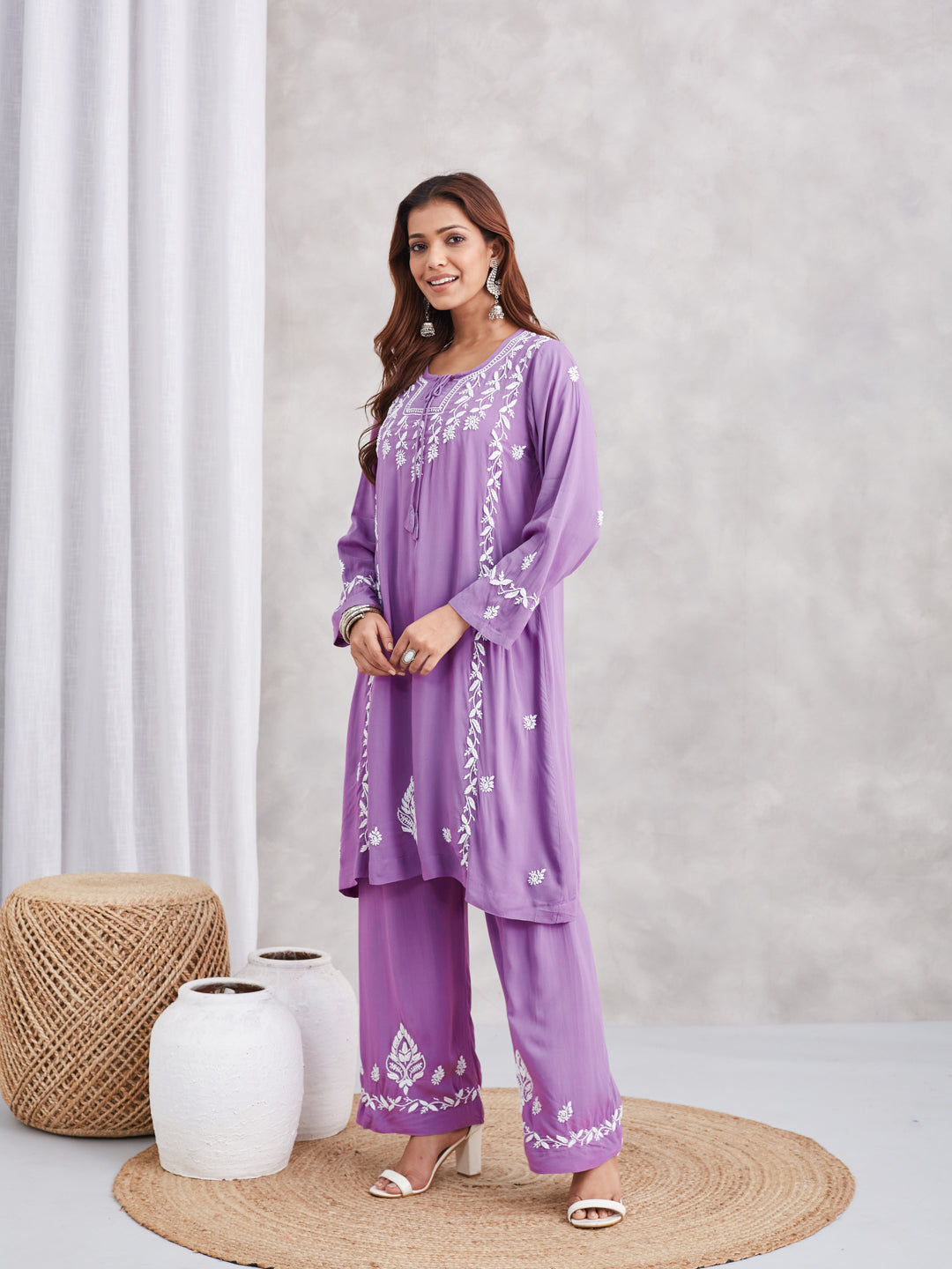 Soft Modal Chikankari Three-Piece Kurta Set - Mauve