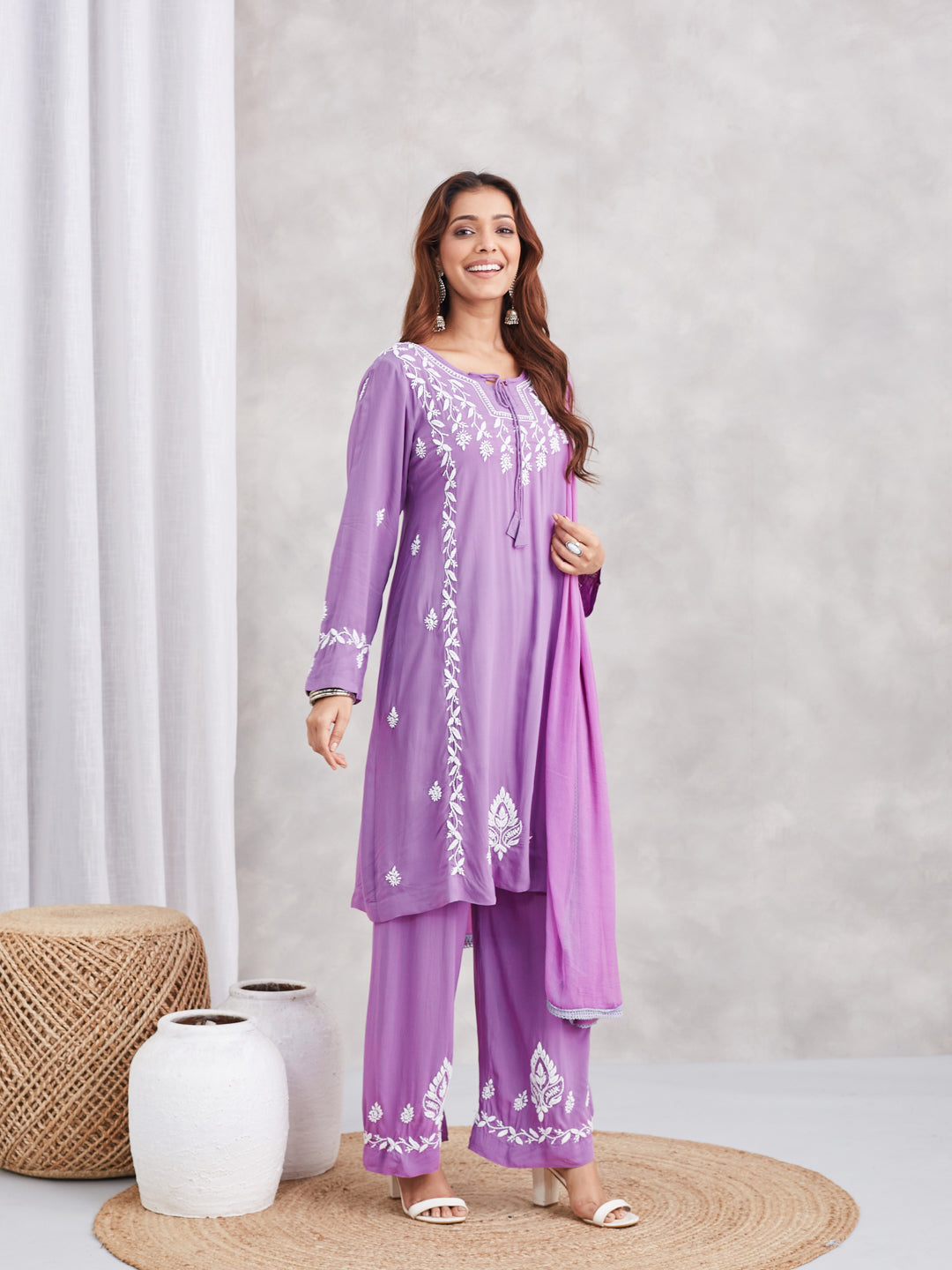 Soft Modal Chikankari Three-Piece Kurta Set - Mauve