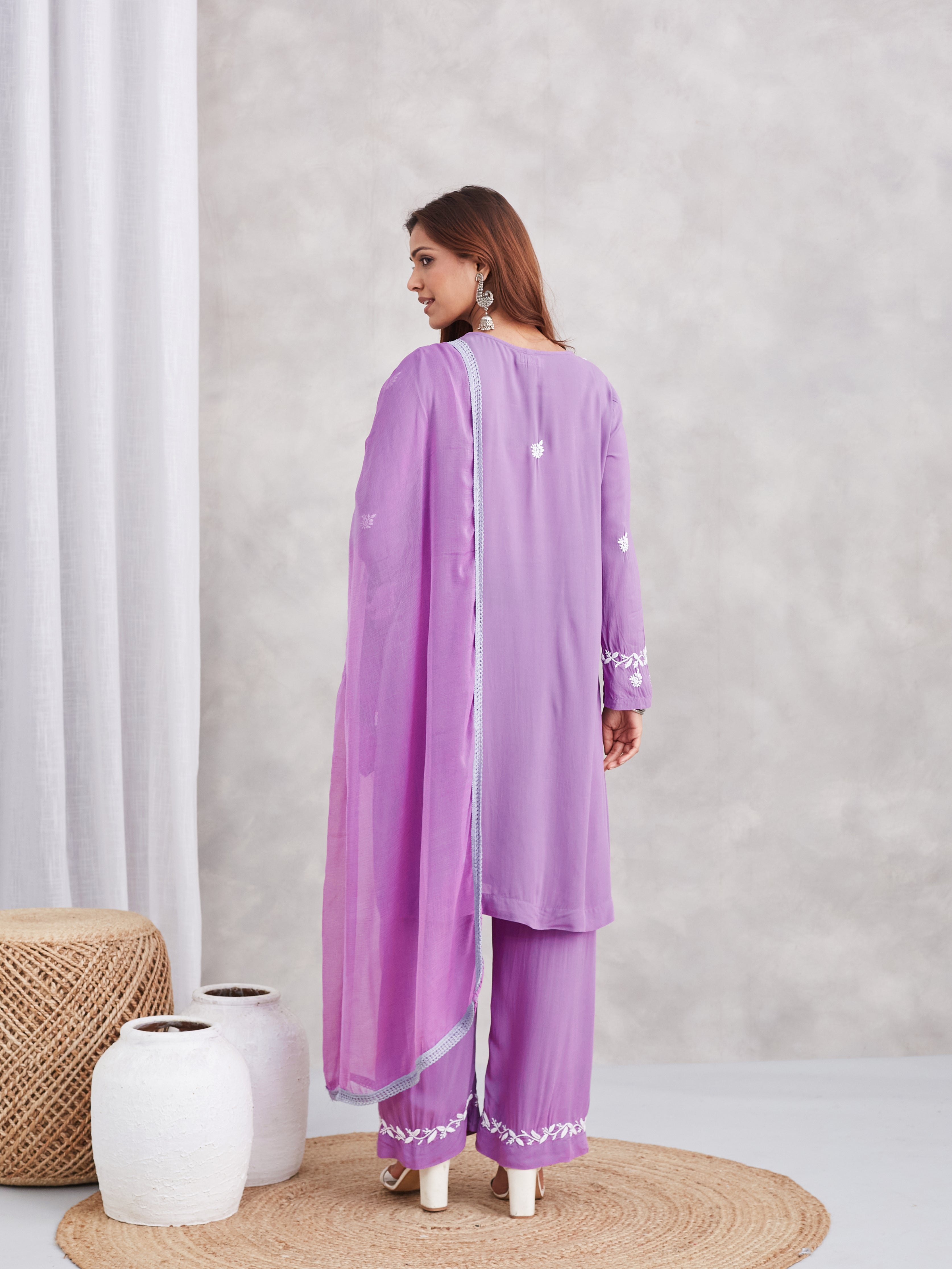 Soft Modal Chikankari Kurta Set with dupatta - Mauve