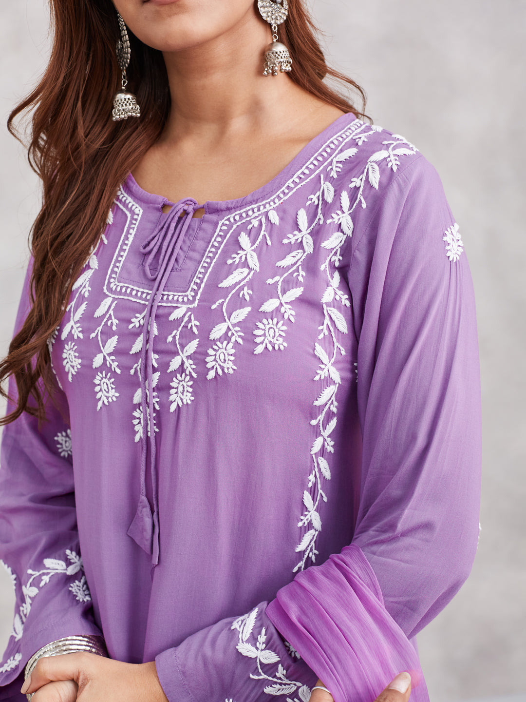 Soft Modal Chikankari Three-Piece Kurta Set - Mauve