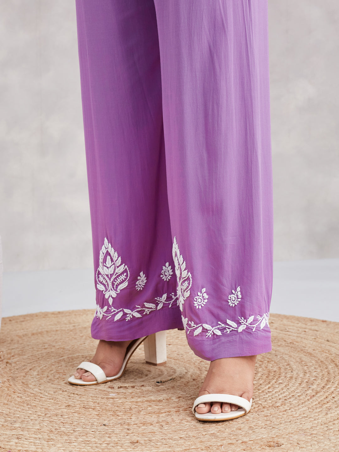 Soft Modal Chikankari Three-Piece Kurta Set - Mauve