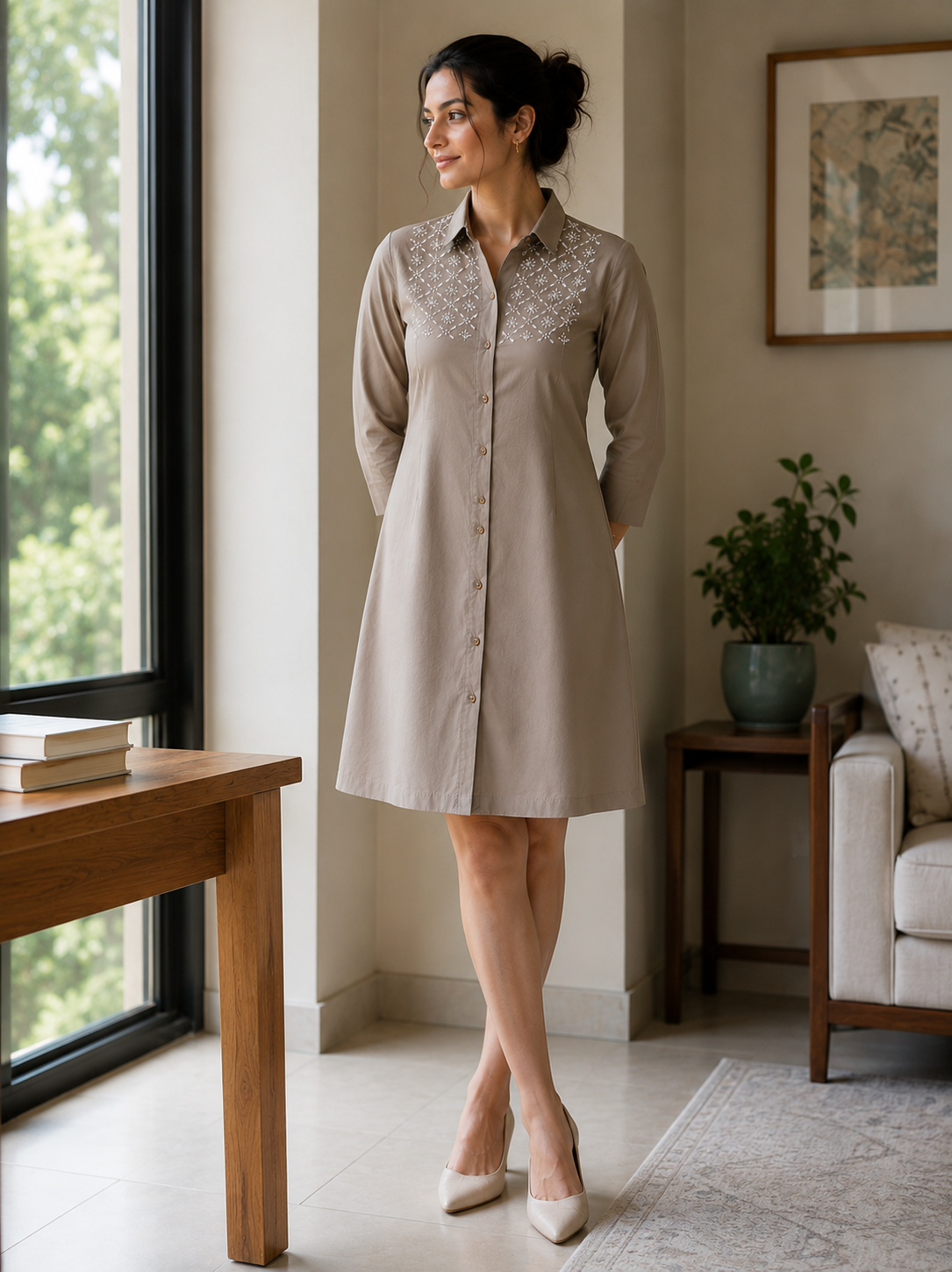 Latte Taupe Chikankari Shirt Dress