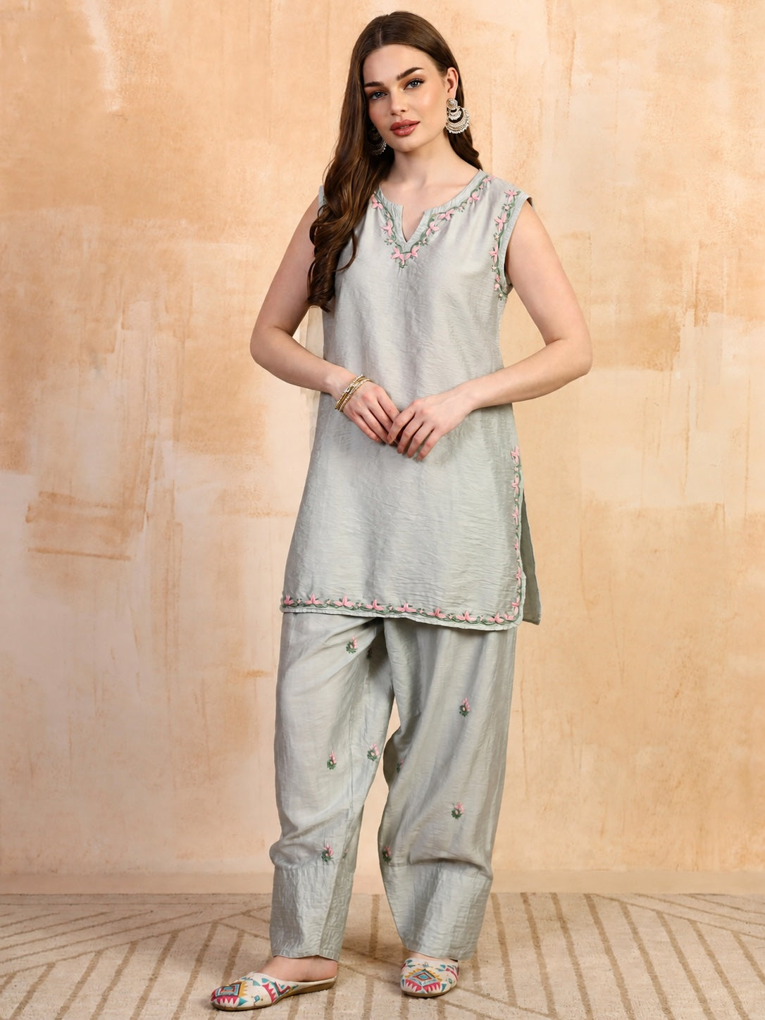 Sage green chanderi chikankari kurta with farsi salwar by Karicraft