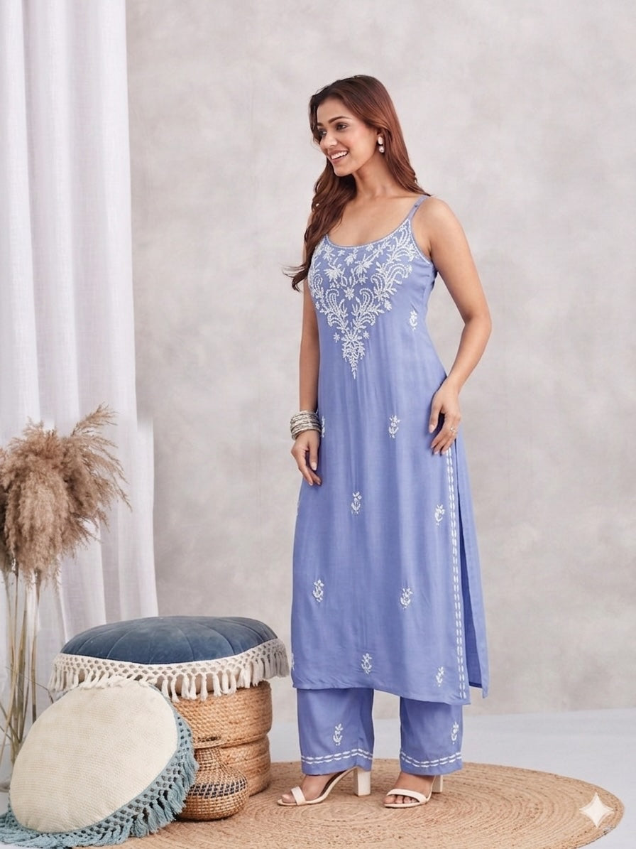 Modal Strappy Chikankari Kurta & Palazzo Set - blue