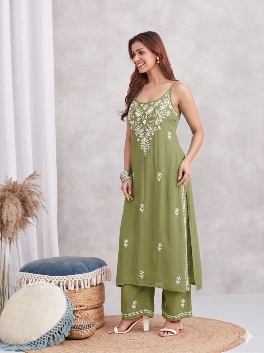 Modal Strappy Chikankari Kurta & Palazzo Set - green