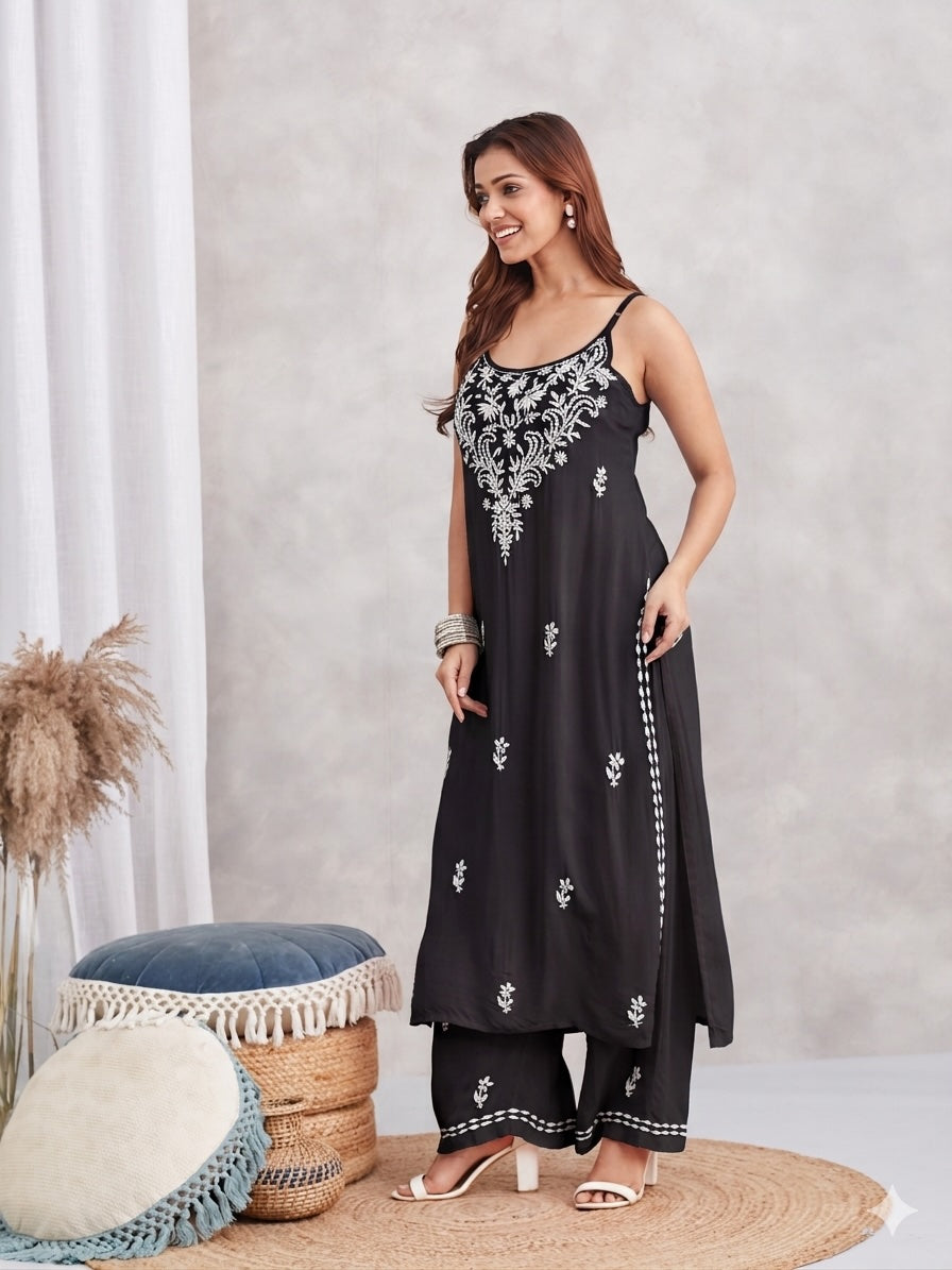 Modal Strappy Chikankari Kurta & Palazzo Set - black