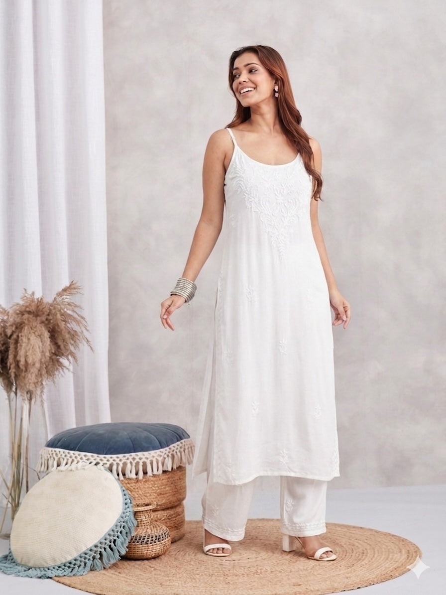 Modal Strappy Chikankari Kurta & Palazzo Set - white