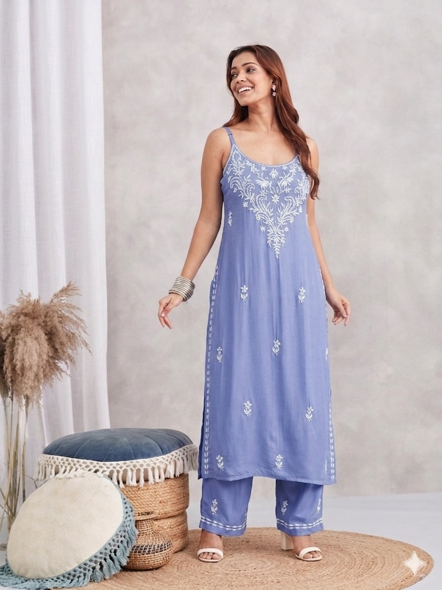 Modal Strappy Chikankari Kurta & Palazzo Set - blue