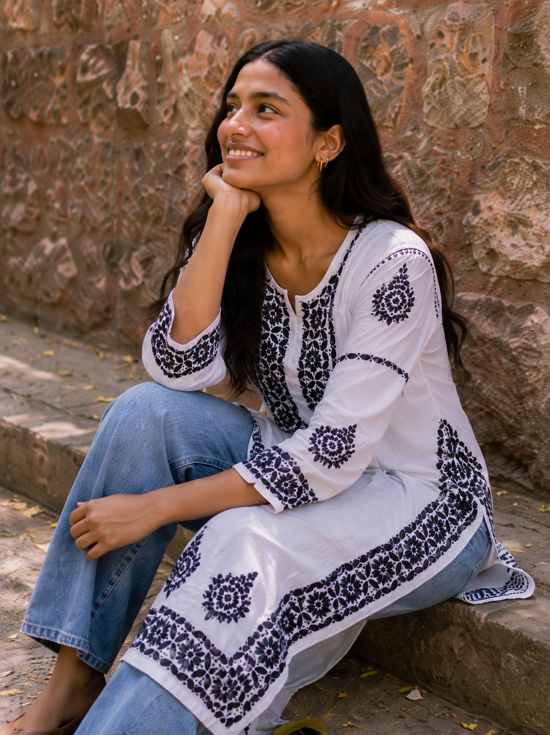 White luxury rayon hand-embroidered chikankari kurta by Karicraft