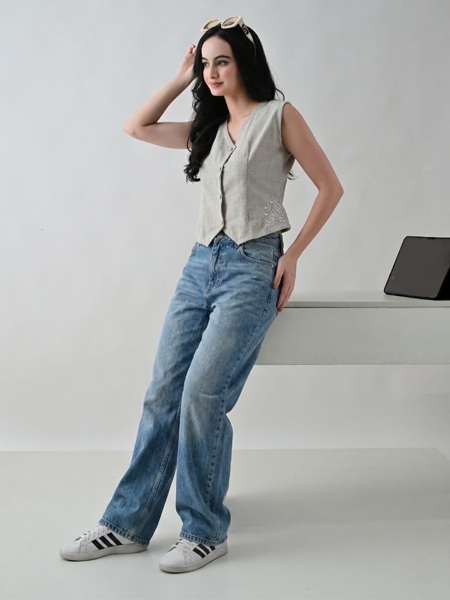 Chikankari Linen Waistcoat- Beige