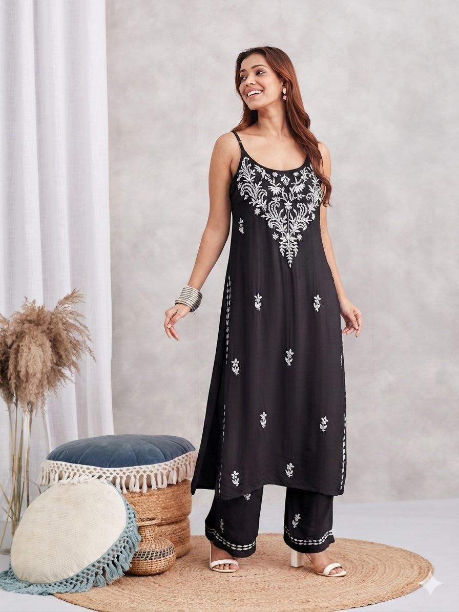 Modal Strappy Chikankari Kurta & Palazzo Set - black