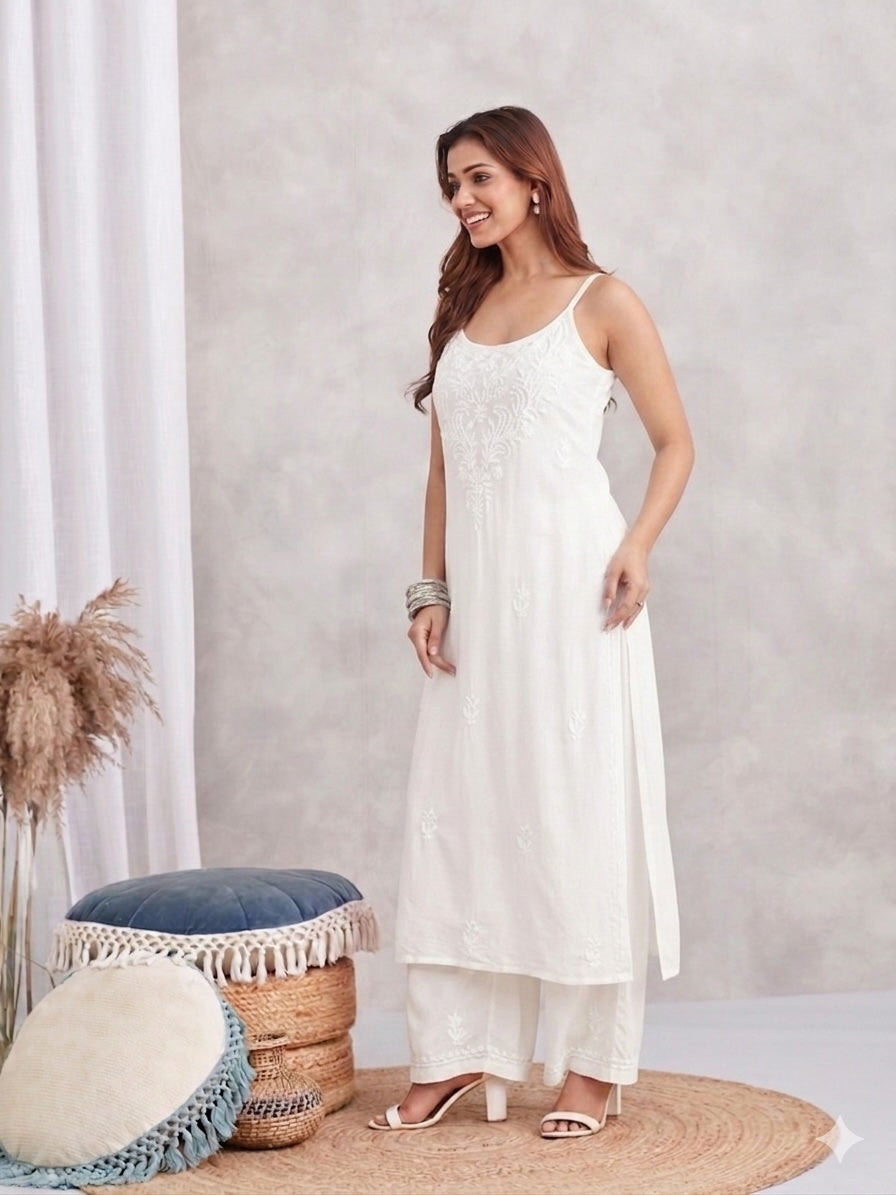 Modal Strappy Chikankari Kurta & Palazzo Set - white