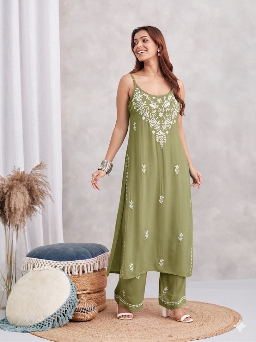 Modal Strappy Chikankari Kurta & Palazzo Set - green