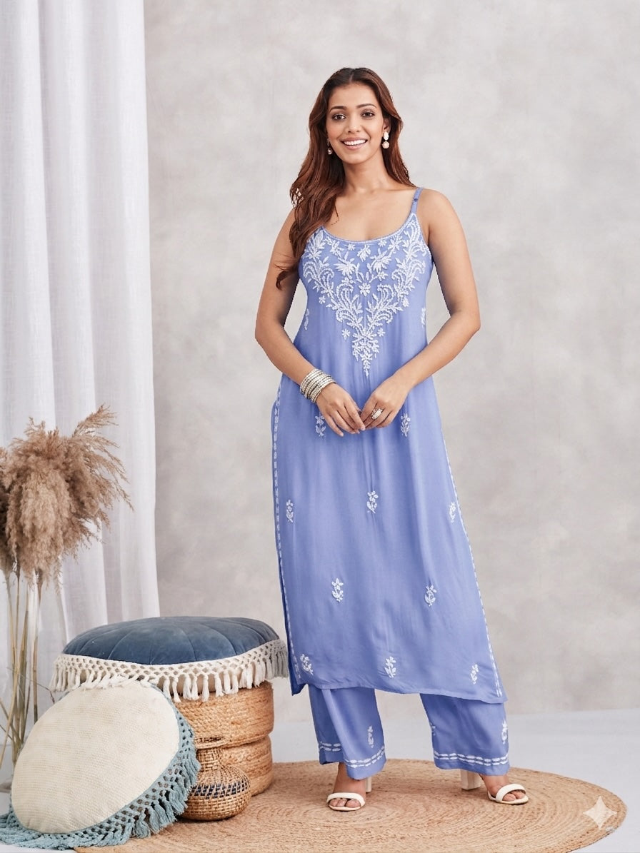 Modal Strappy Chikankari Kurta & Palazzo Set - blue