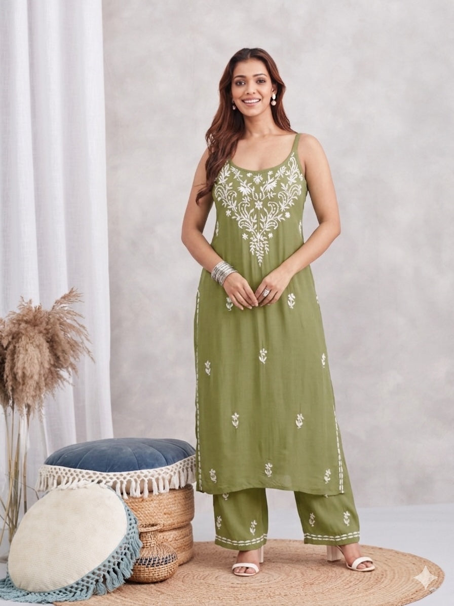 Modal Strappy Chikankari Kurta & Palazzo Set - green