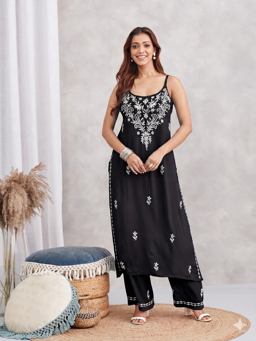 Modal Strappy Chikankari Kurta & Palazzo Set - black