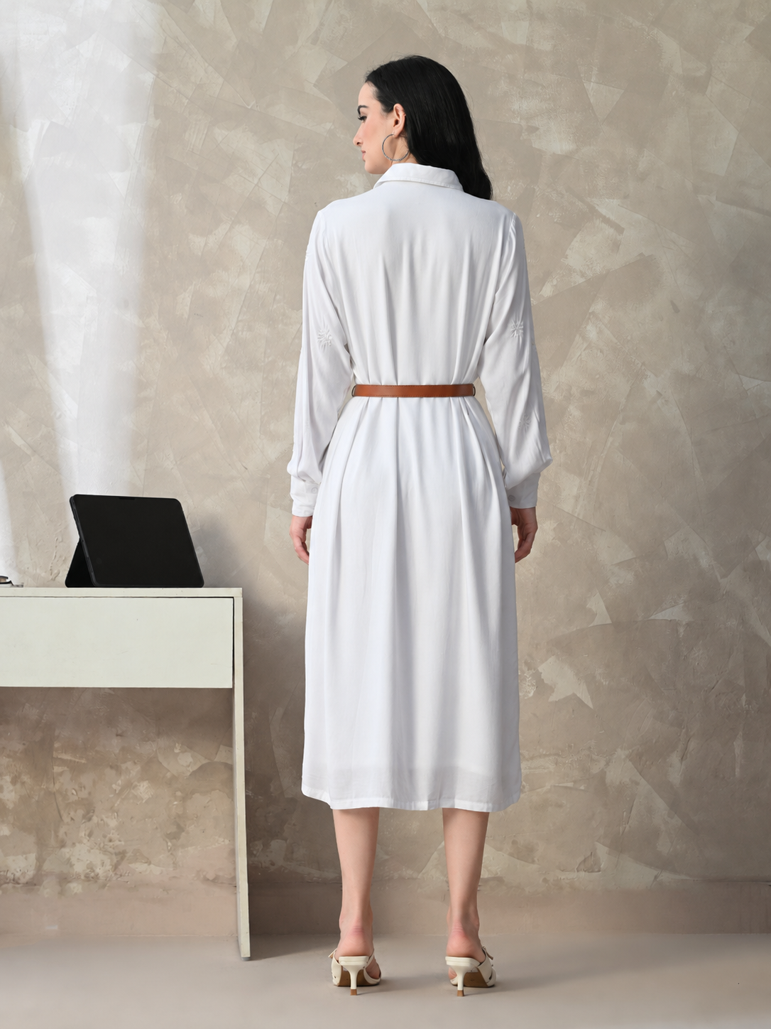 White rayon hand-embroidered chikankari shirt dress by Karicraft