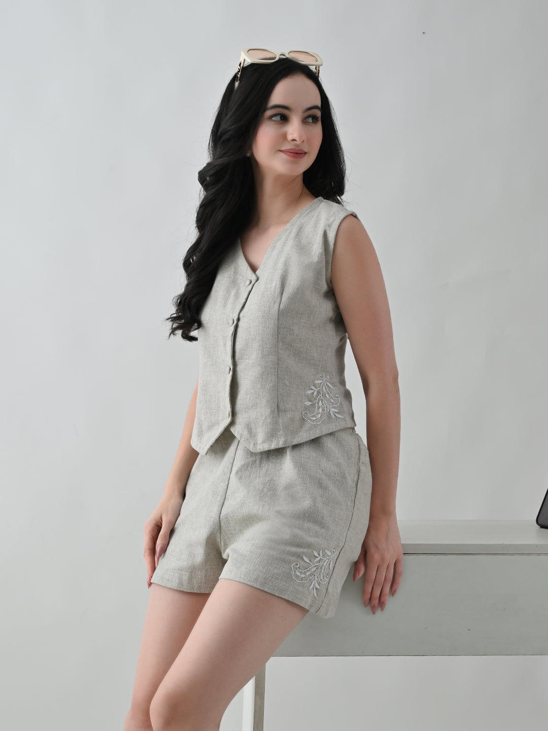 Chikankari Linen Waistcoat- Beige