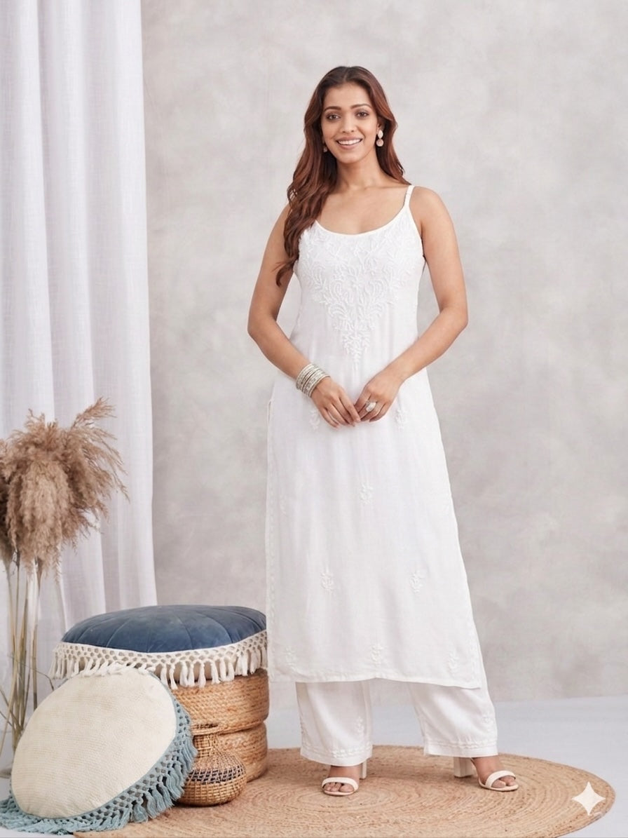 Modal Strappy Chikankari Kurta & Palazzo Set - white