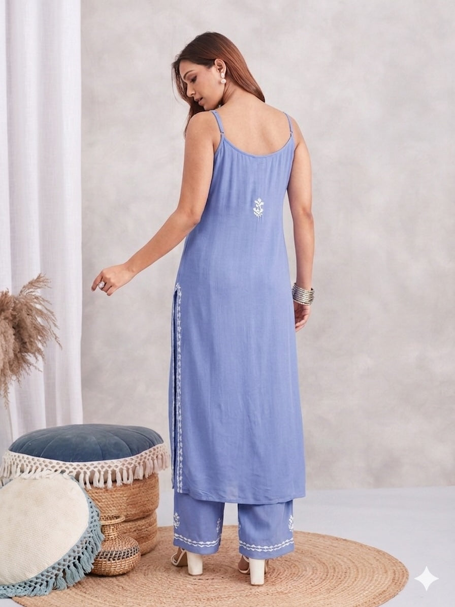 Modal Strappy Chikankari Kurta & Palazzo Set - blue