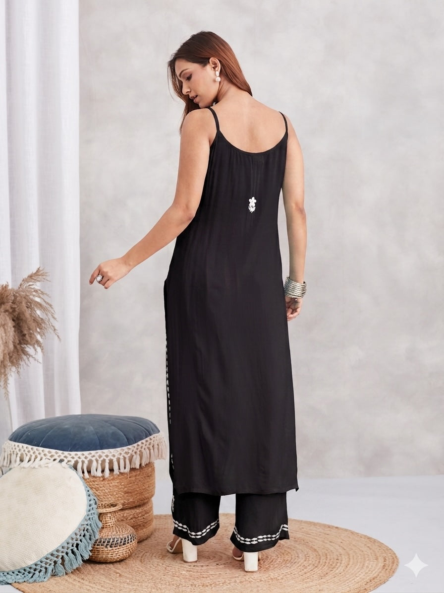 Modal Strappy Chikankari Kurta & Palazzo Set - black