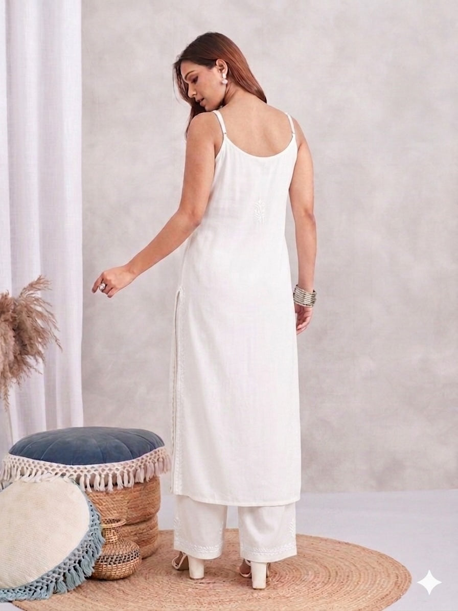 Modal Strappy Chikankari Kurta & Palazzo Set - white
